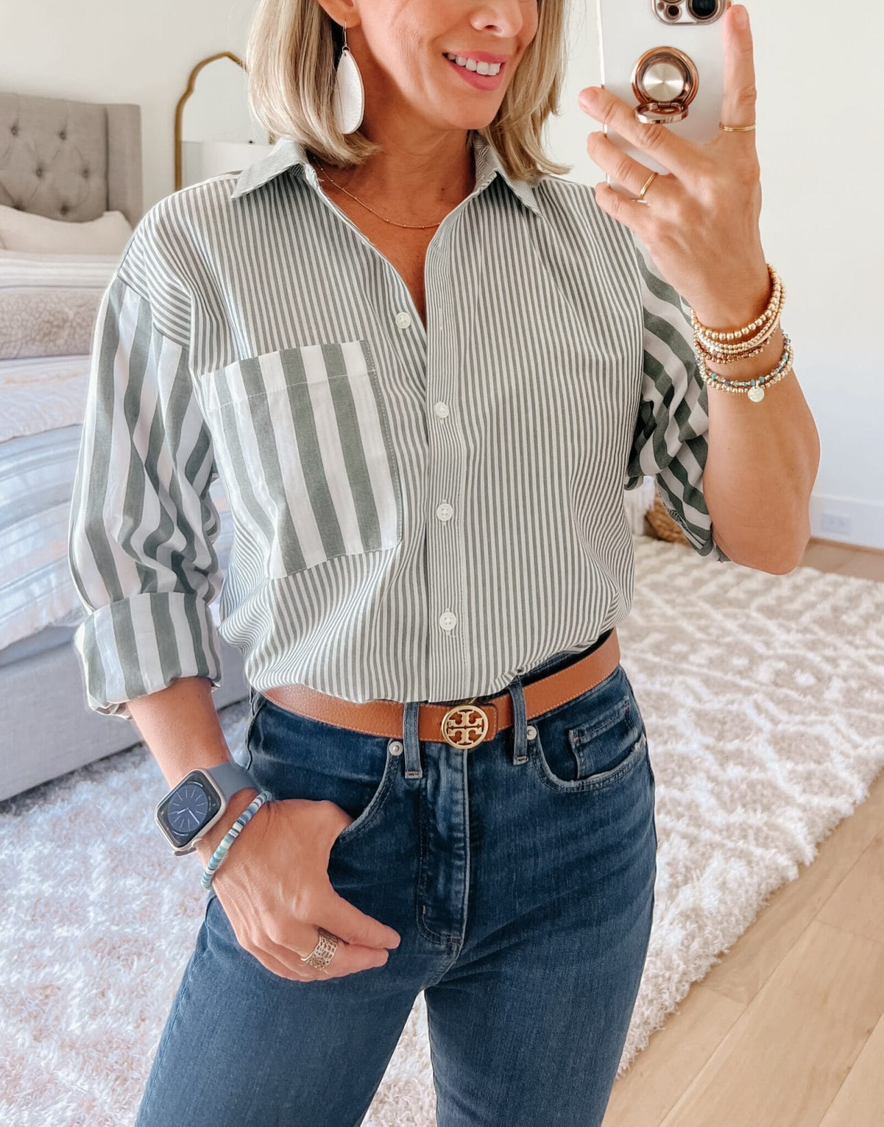 Patchwork Striped Button Down Blouse, Jeans, Heels 