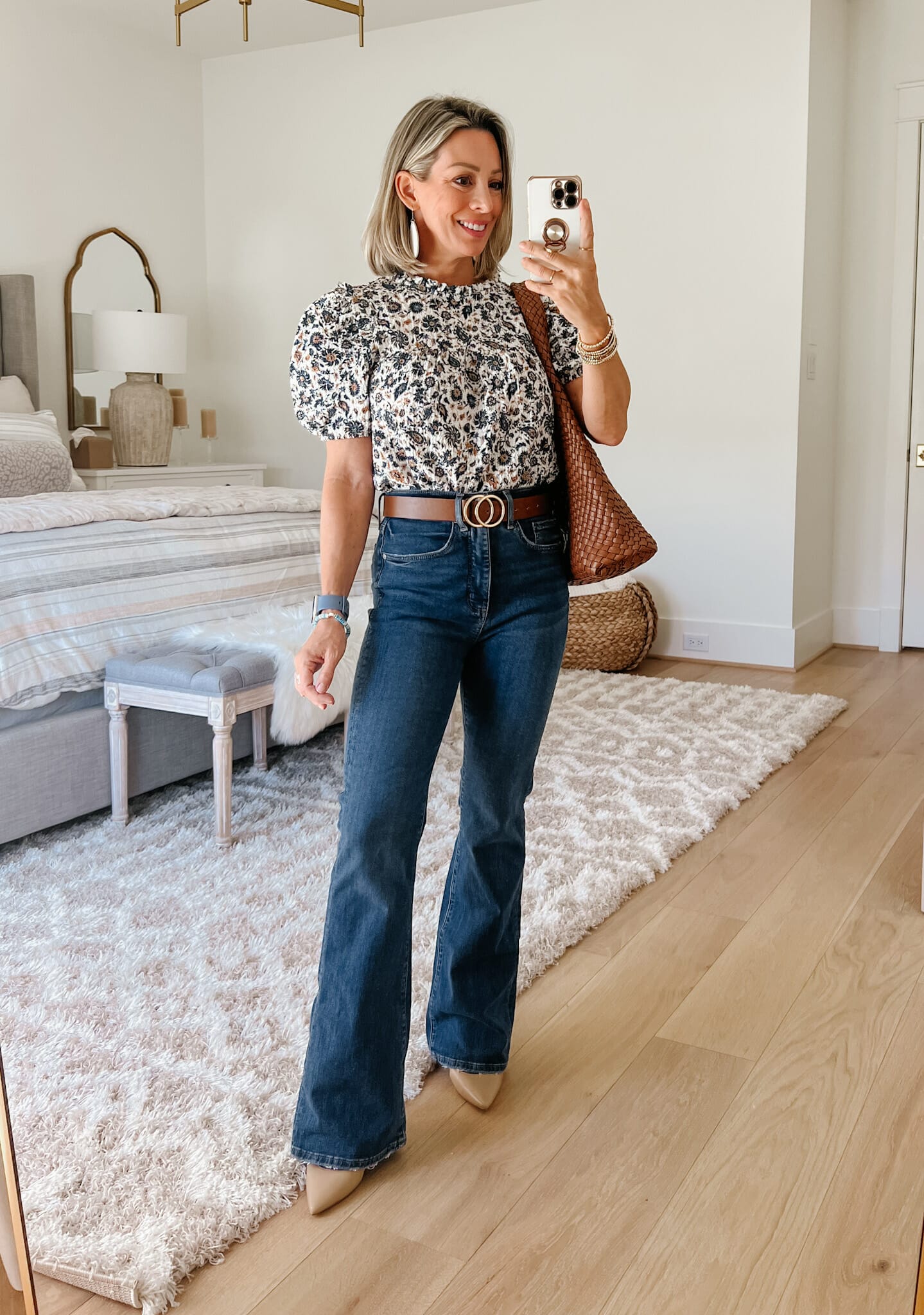 Floral Top with Puff Sleeves, Jeans, Heels, Belt, Woven Bag 