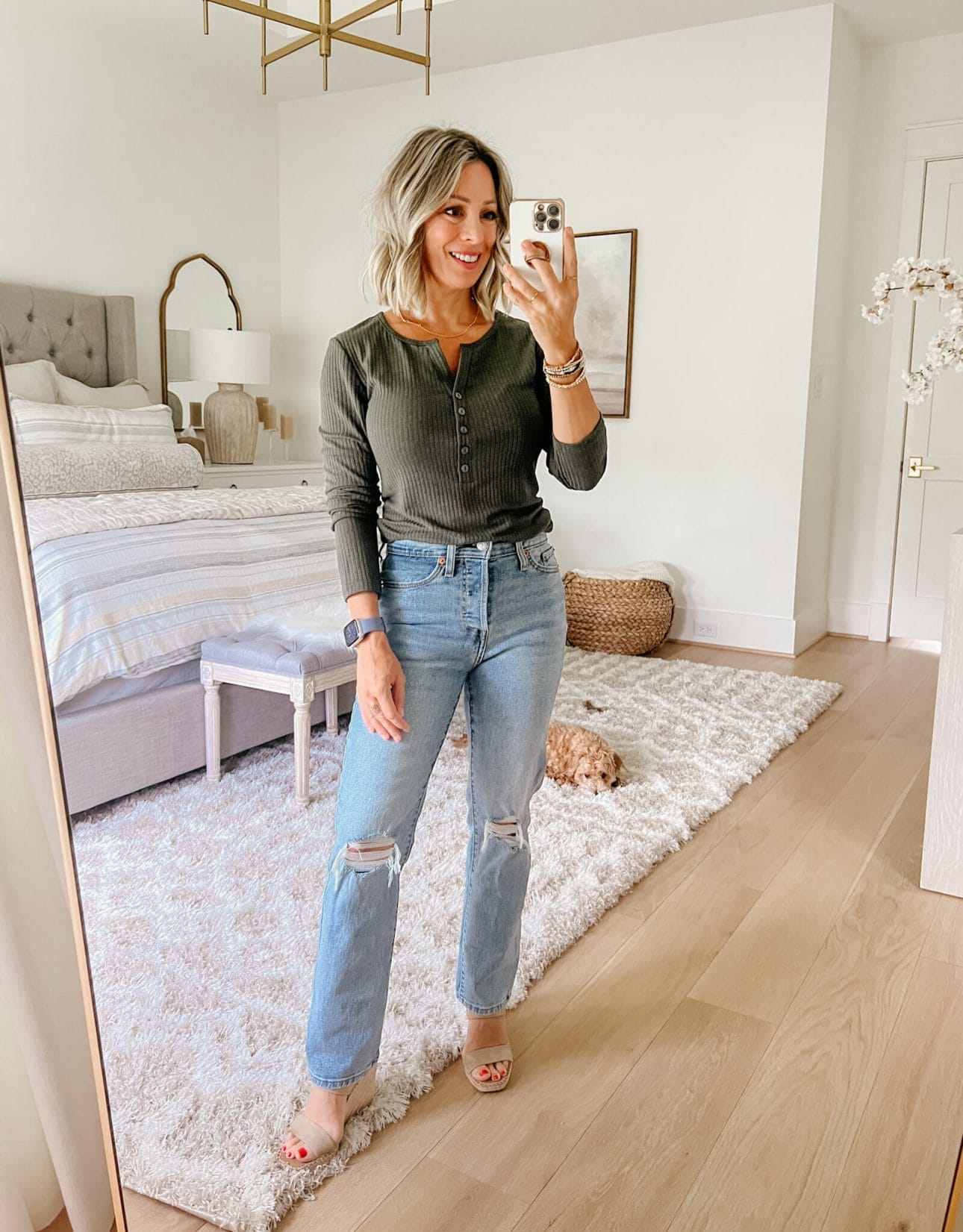 Ribbed Olive Green Henley Tee, Jeans, Wedges 