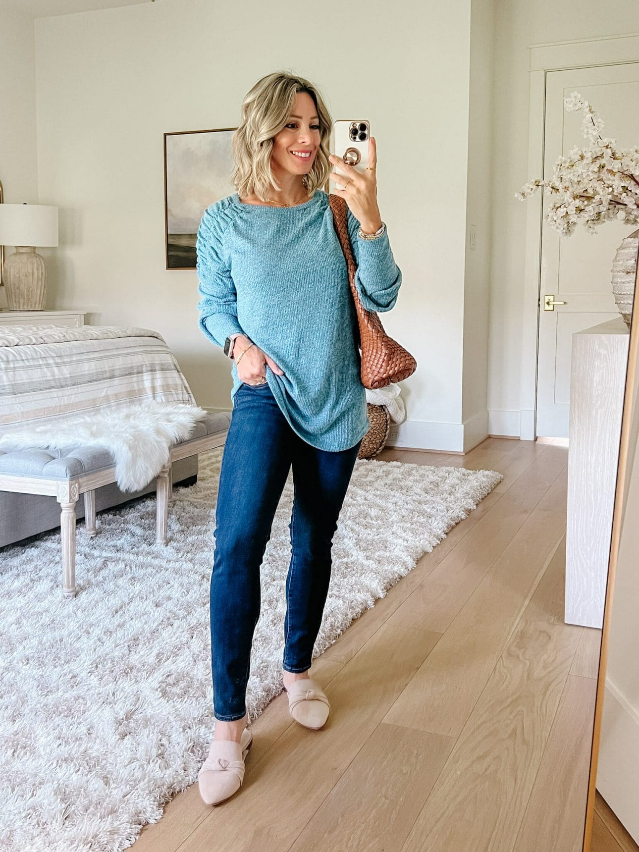 Blue Ruched Shoulder Top, Jeans, Mules, Hobo Tote
