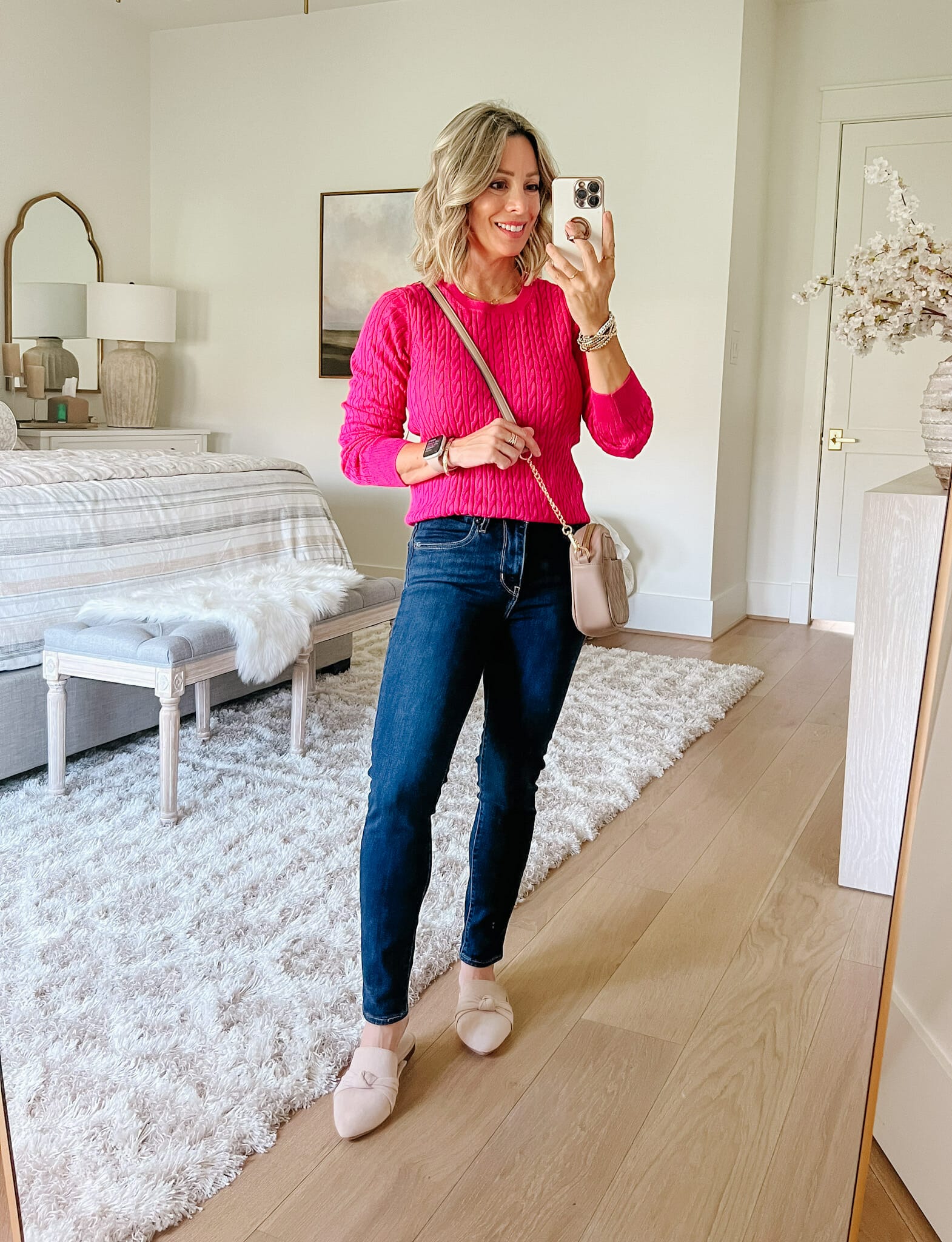 Pink Sweater, Jeans, Mules 