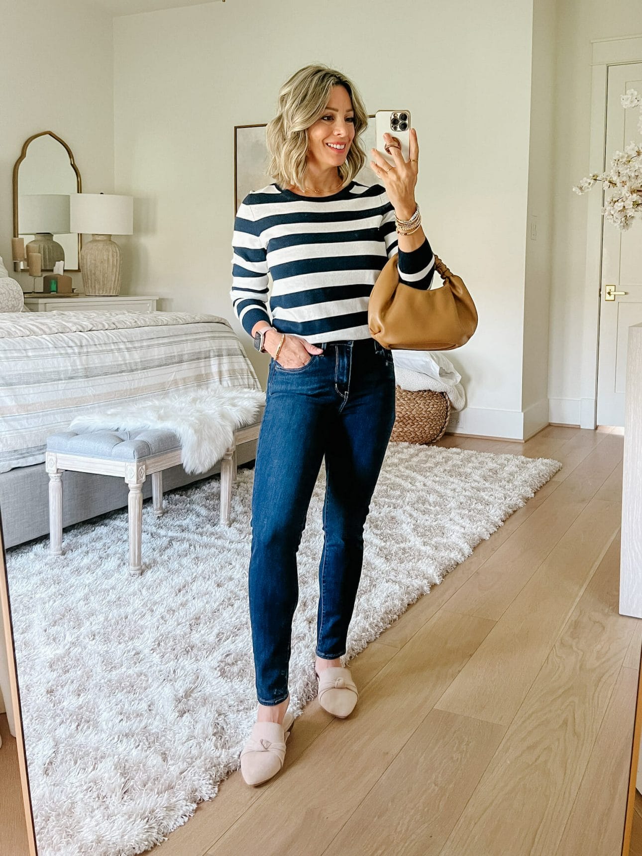 Striped Sweater, Jeans, Mules, Bag, 