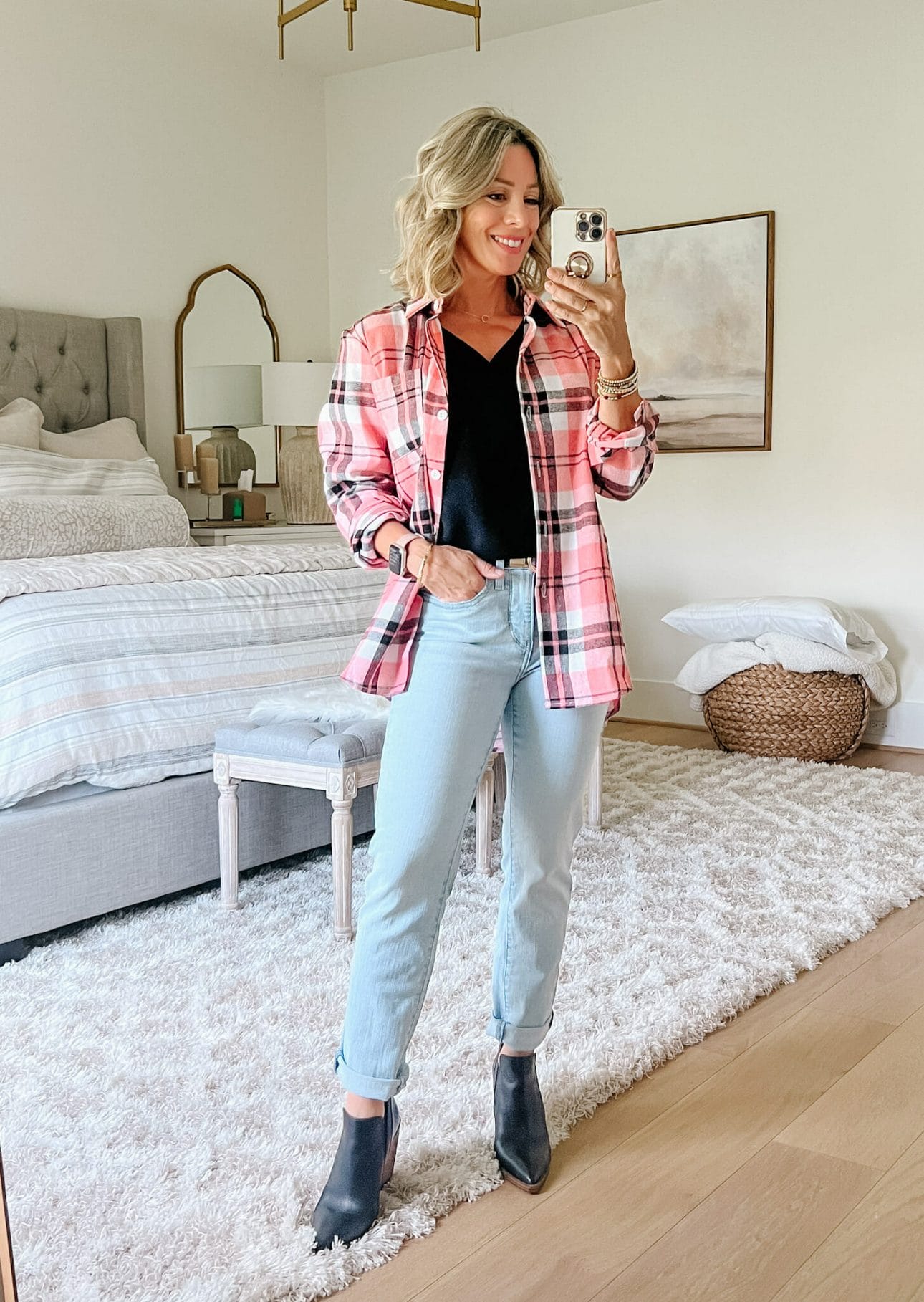 Plaid Button Down, Jeans, Booties 