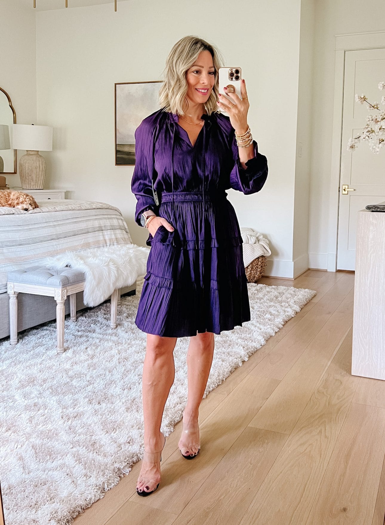 Purple mini Dress, Heels 