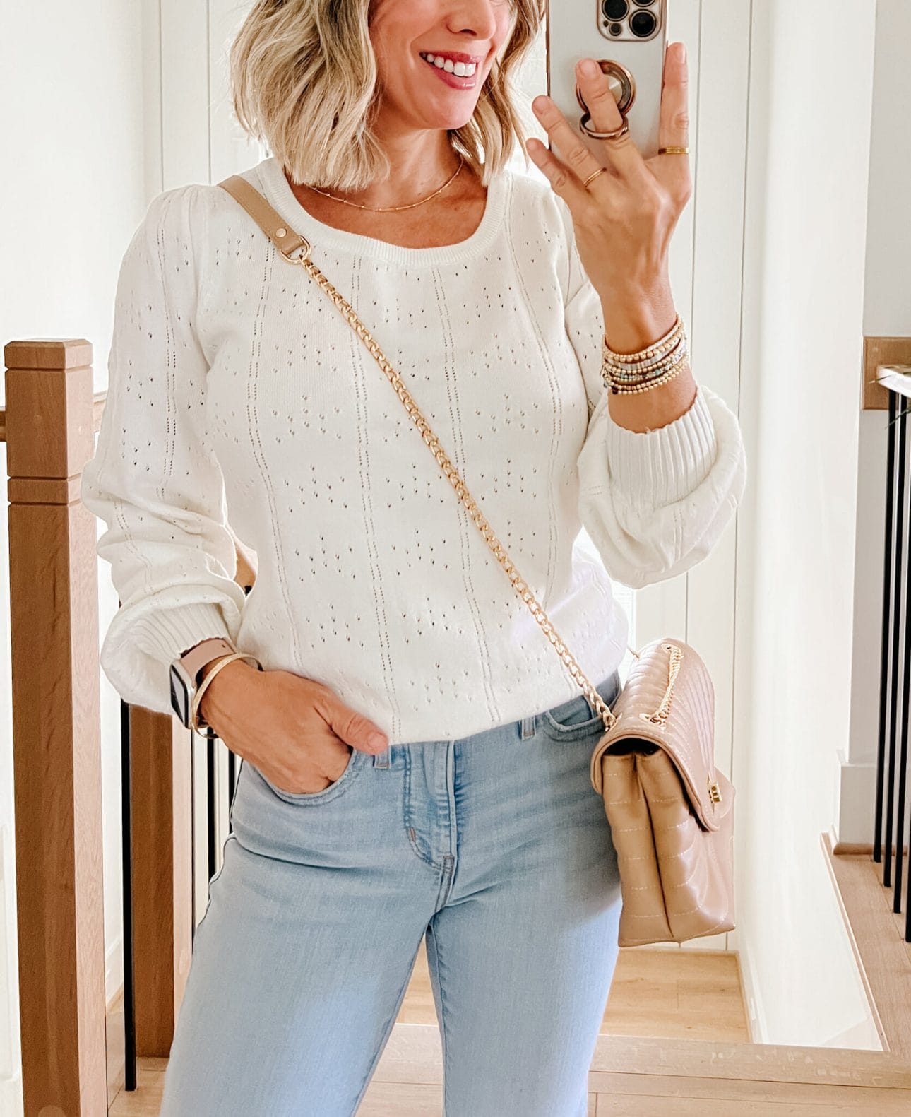 White Sweater, Jeans, Booties, Crossbody 