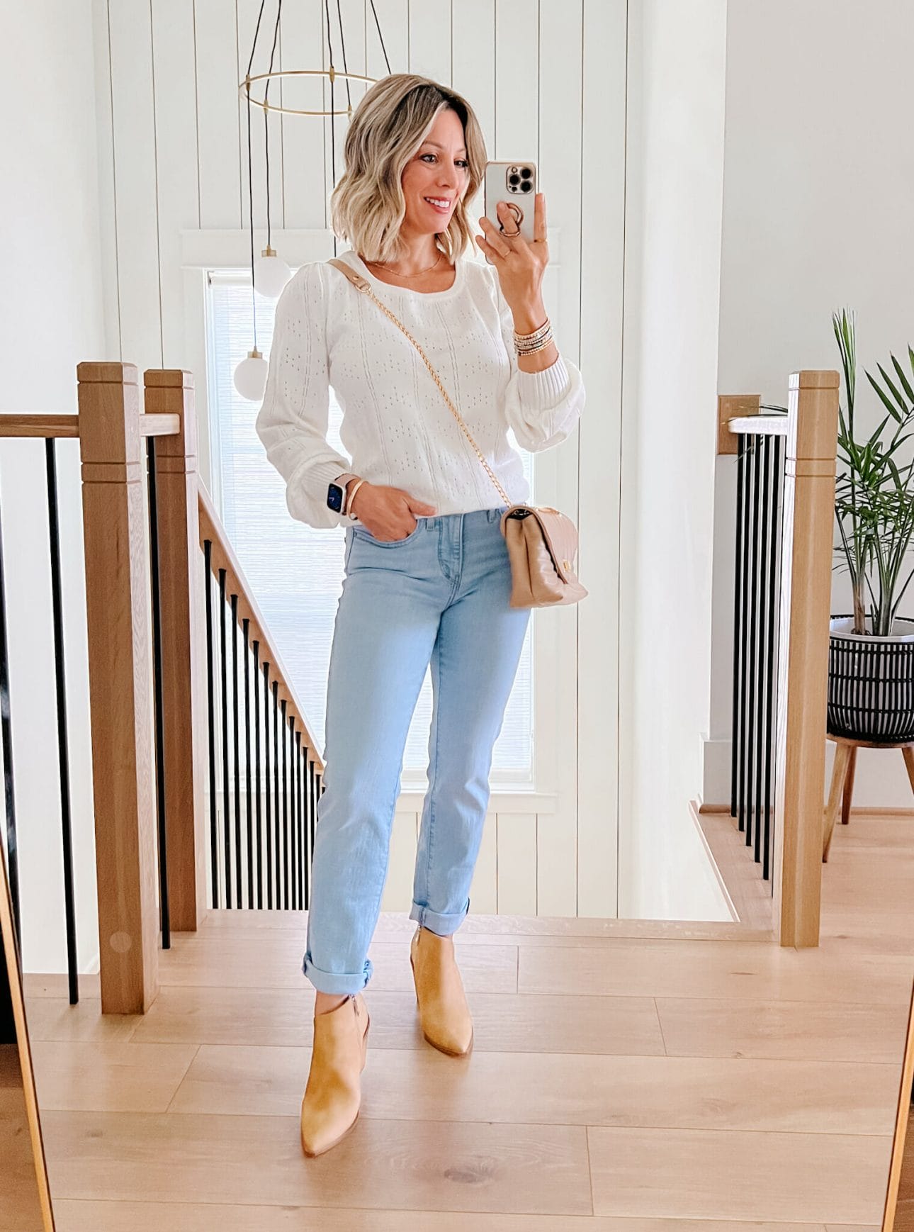 White Sweater, Jeans, Booties, Crossbody 