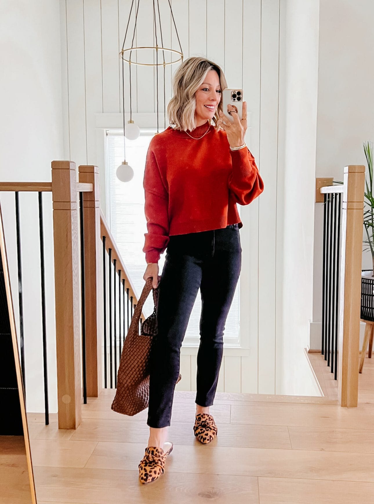 Cropped Sweater, Jeans, Mules,  Woven Tote