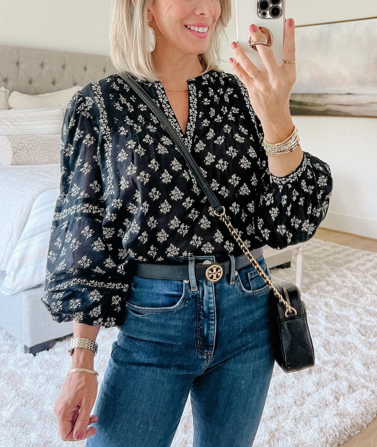 Long Puff Sleeve Printed Blouse, Jeans, Wedges 