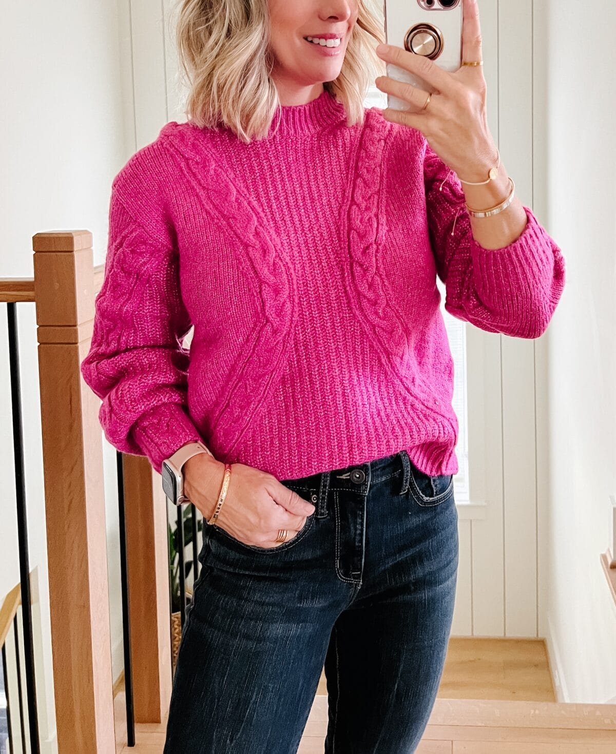 Walmart pink turtleneck sweater and jeans outfit