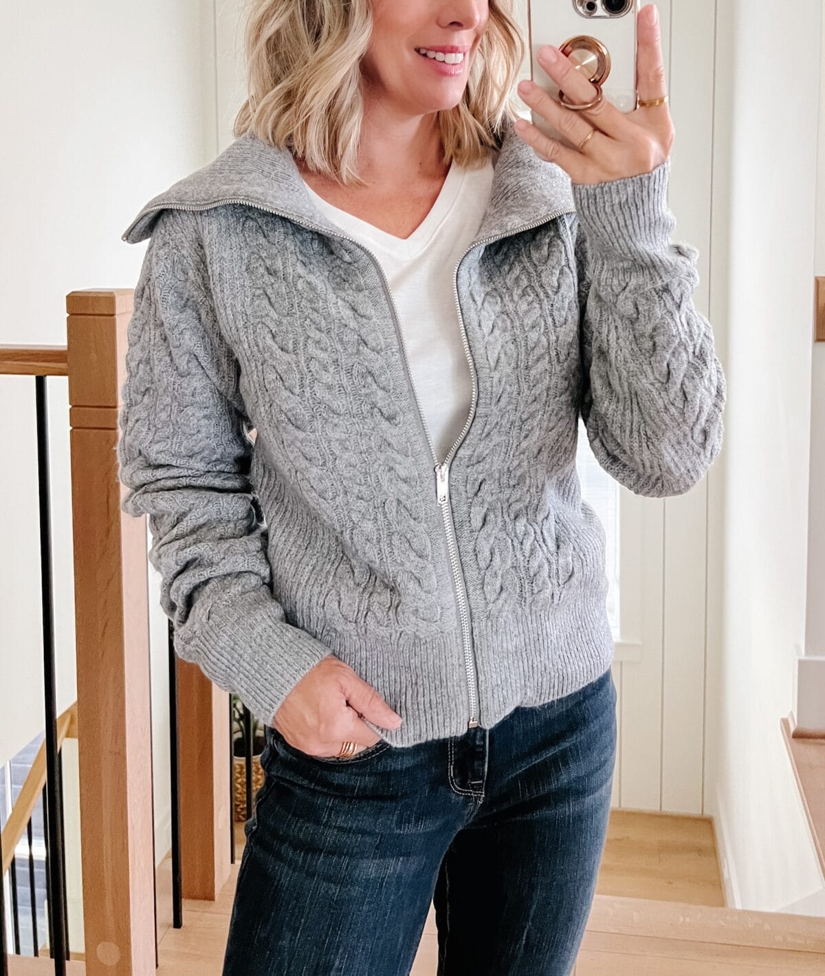 Walmart zip cardigan and jeans outfit
