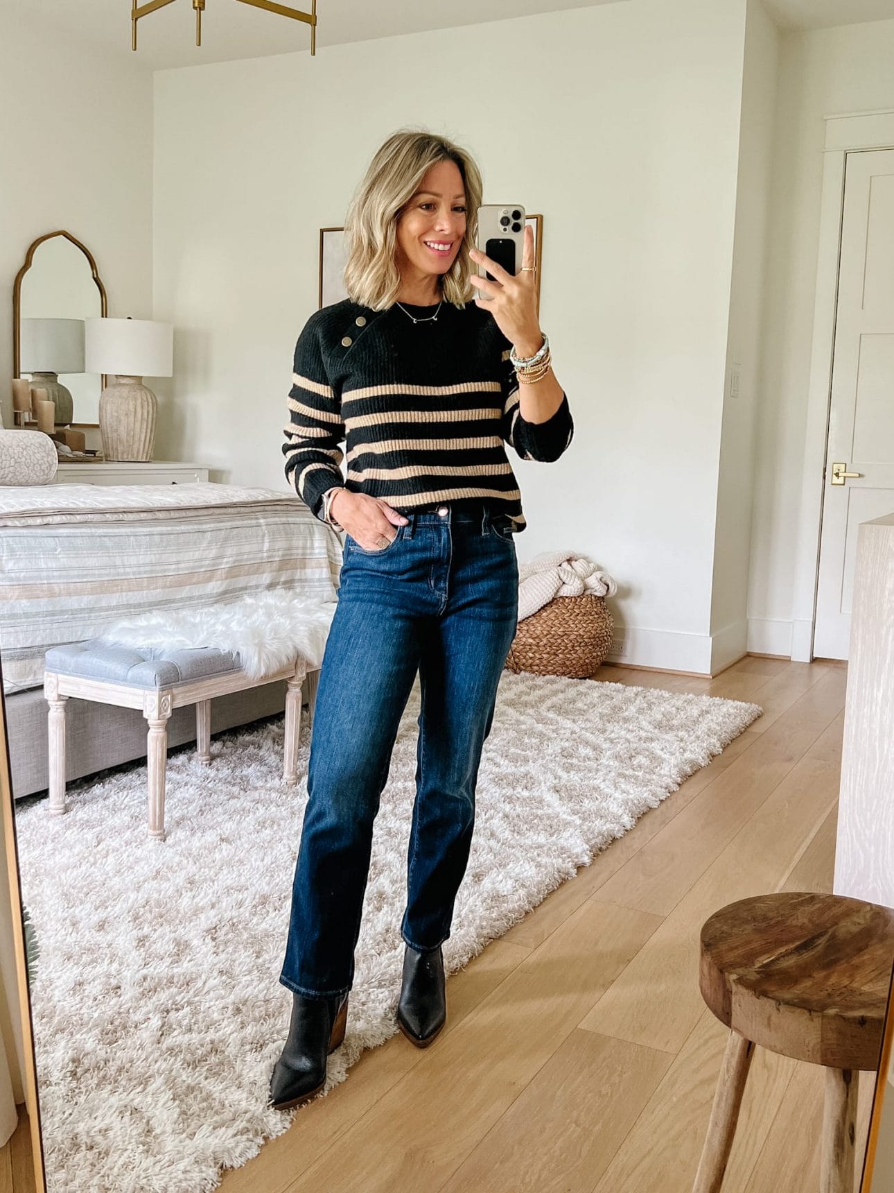 Crewneck Striped Sweater, Jeans, Booties 