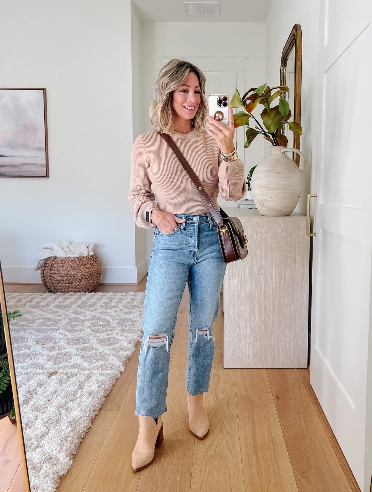 Cropped Sweater, Jeans, Booties, Crossbody 