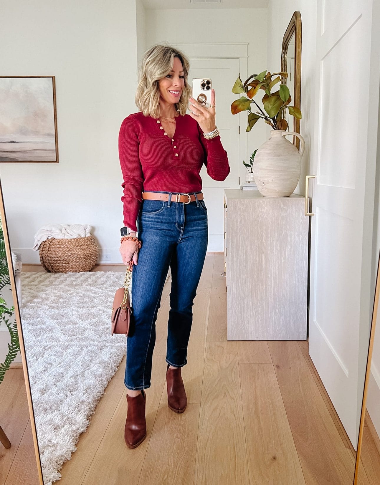 Red Henley Ribbed Top, Jeans, Skinny Belt, Booties 