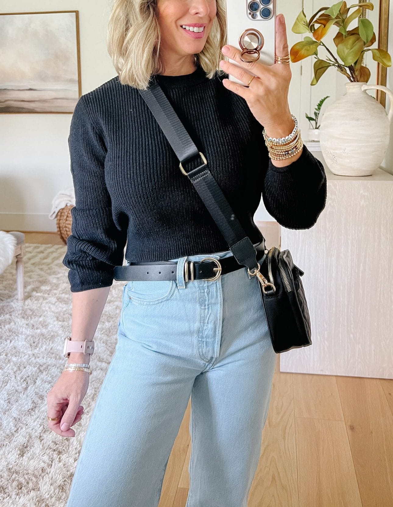 Black Crew Cropped Sweater, Jeans, Mules, Crossbody 
