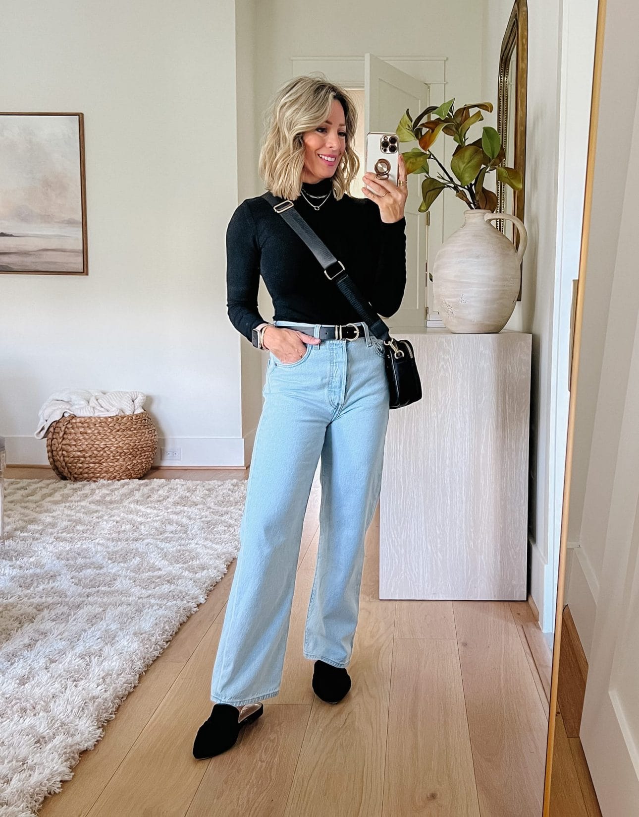 Mock Neck Top, Jeans, Mules