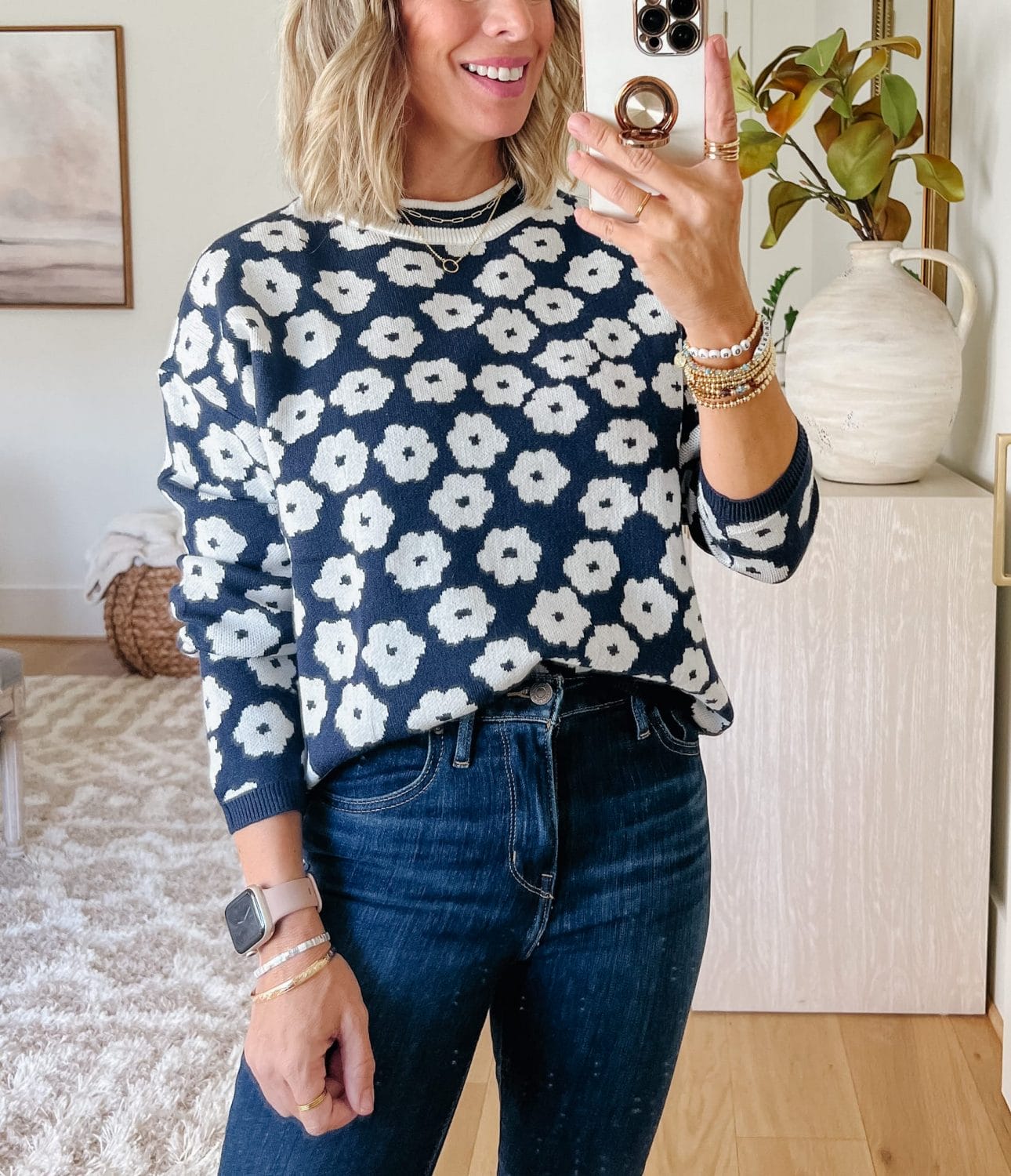 Floral Sweater, Jeans, Booties