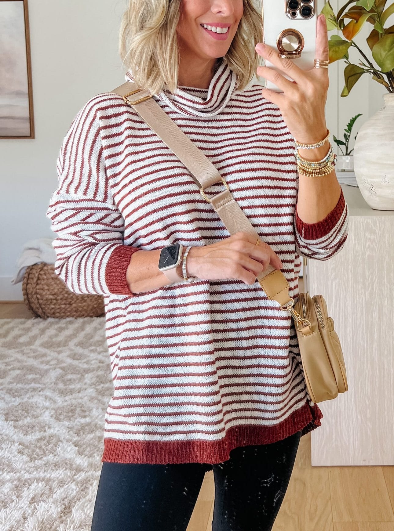 Striped Pullover, Leggings, Sneakers, Quilted Crossbody 