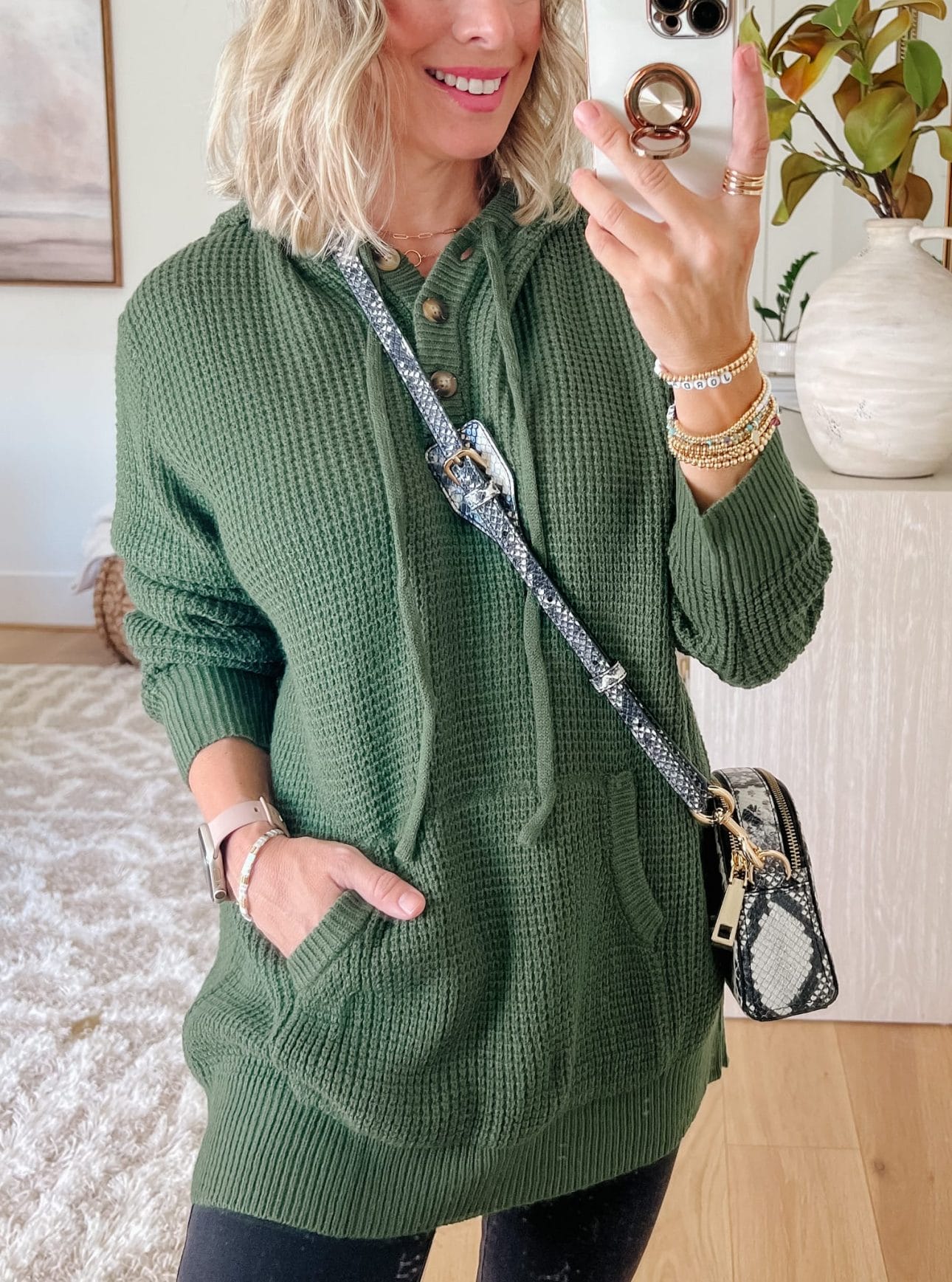 Green Henley Waffle Knit Pullover, Black Denim Daily Ritual Jeans, Mules