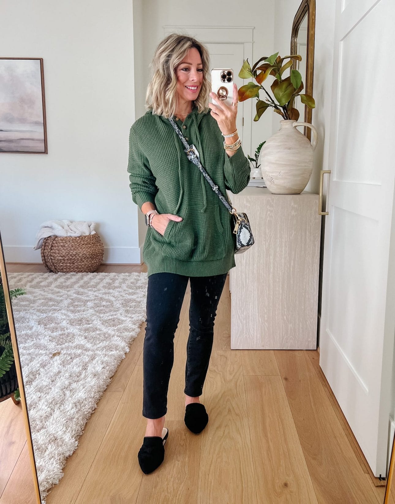Green Henley Waffle Knit Pullover, Black Denim Daily Ritual Jeans, Mules 