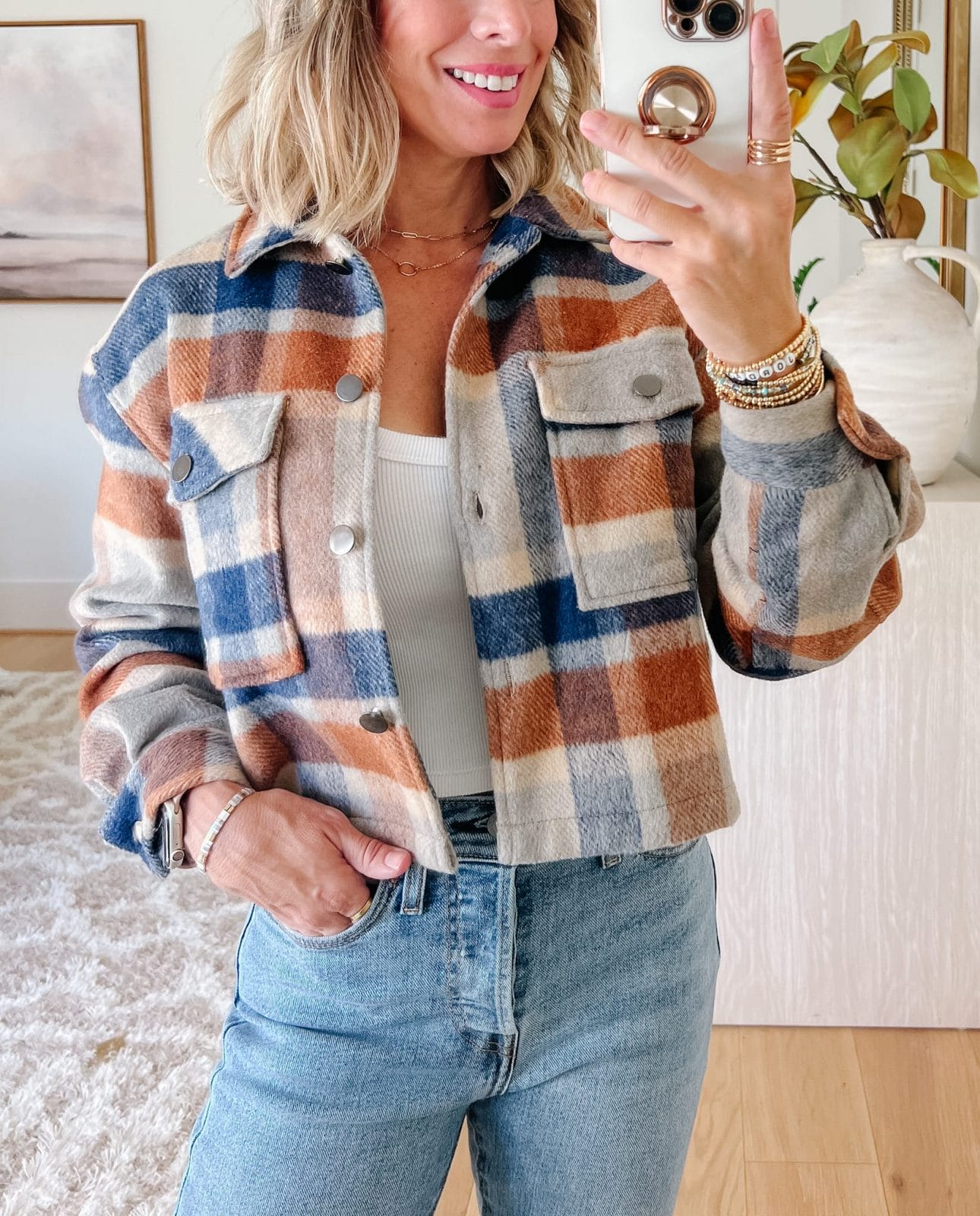 Plaid Cropped Jacket, Jeans, Booties