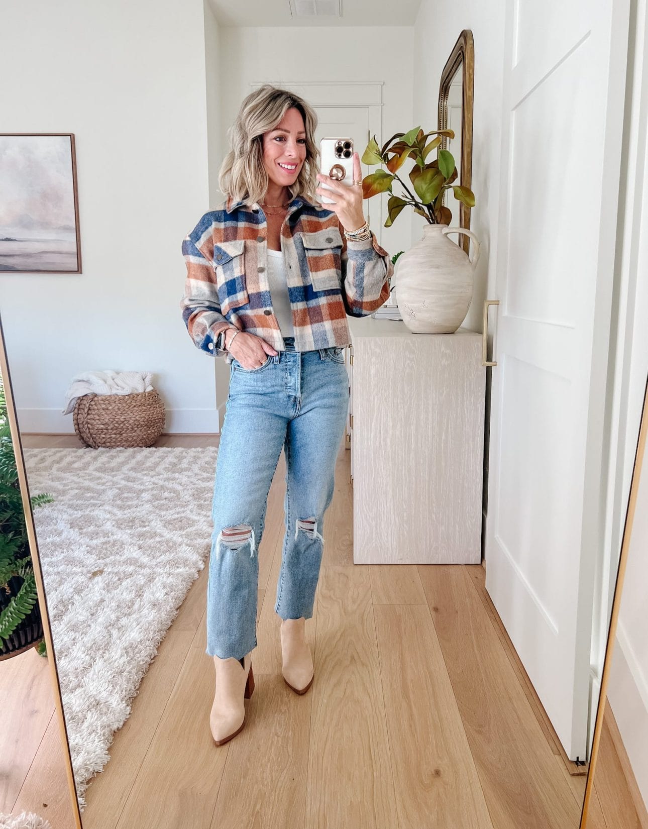 Plaid Cropped Jacket, Jeans, Booties
