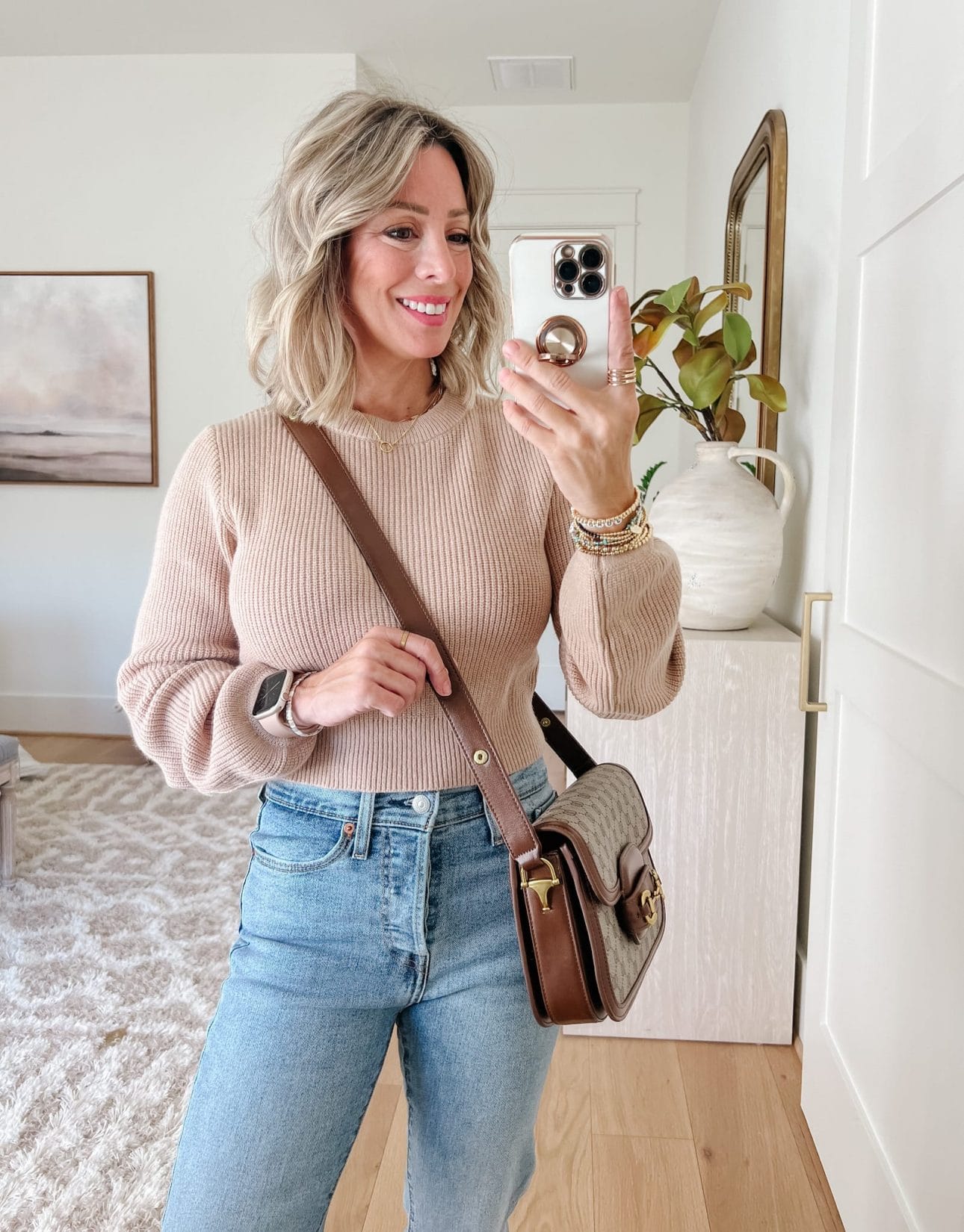 Cropped Sweater, Jeans, Booties, Crossbody 