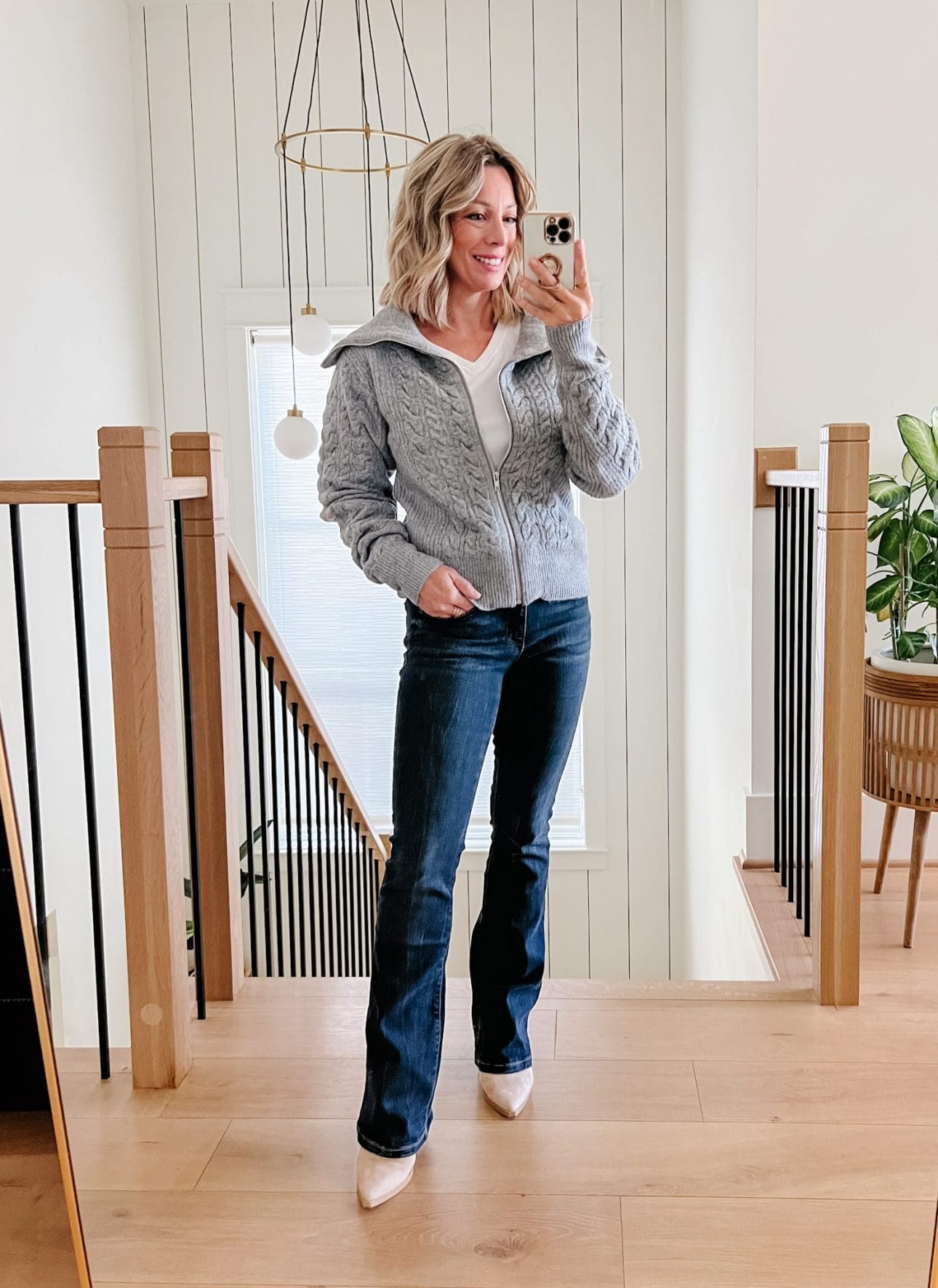 Walmart zip cardigan and jeans outfit