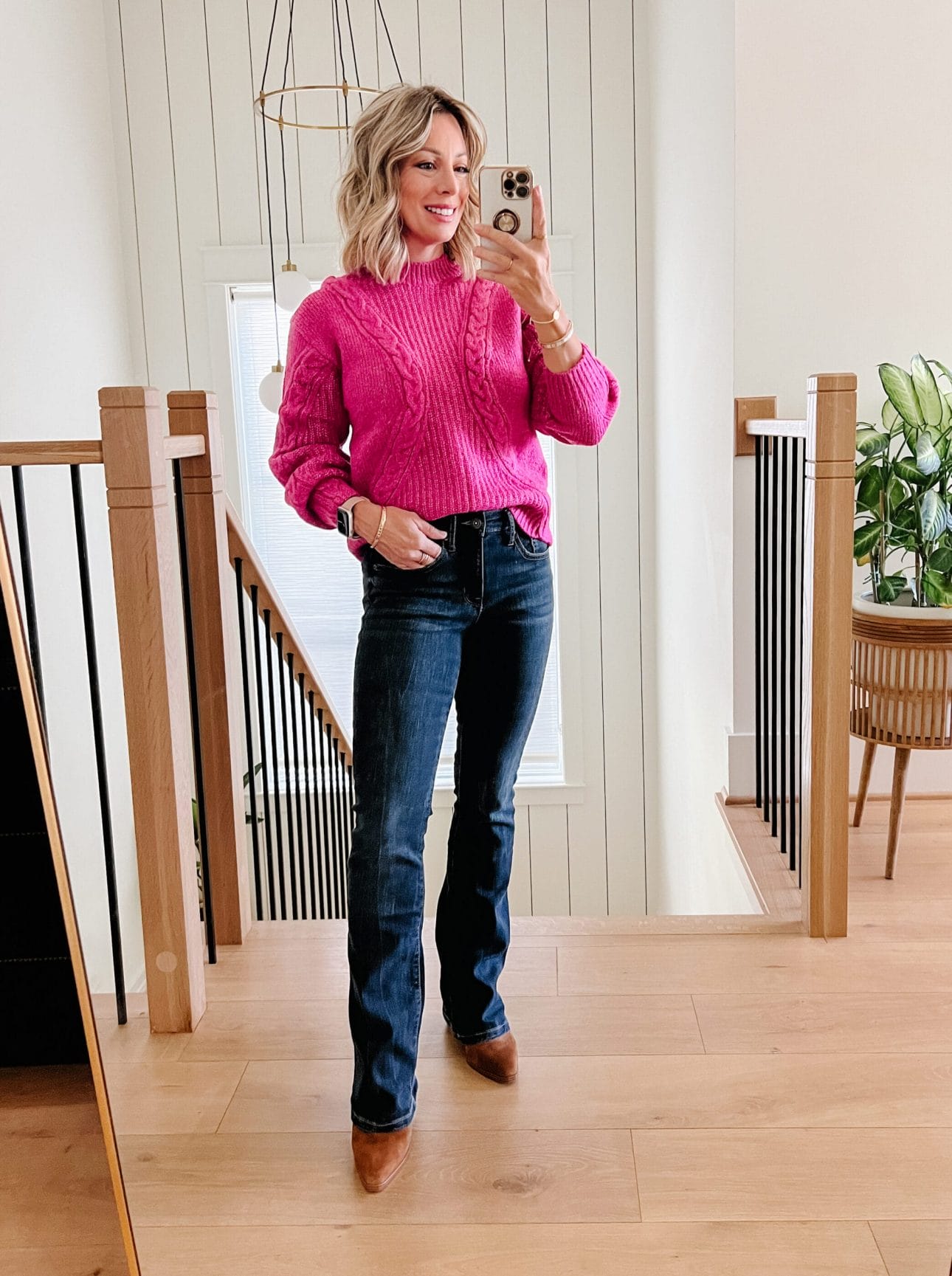 Walmart pink sweater and jeans outfit