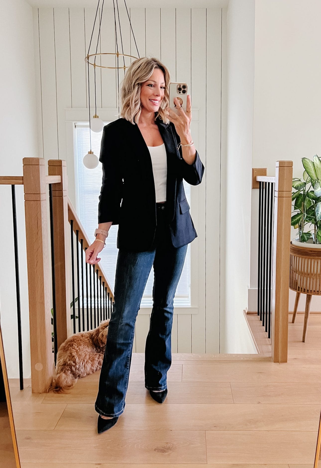 Walmart rusched sleeve blazer and jeans outfit