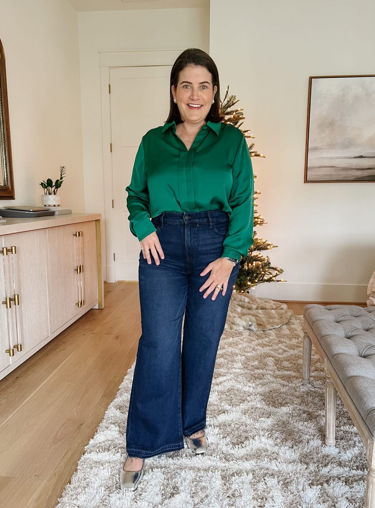 Green Blouse, Jeans, Flats

