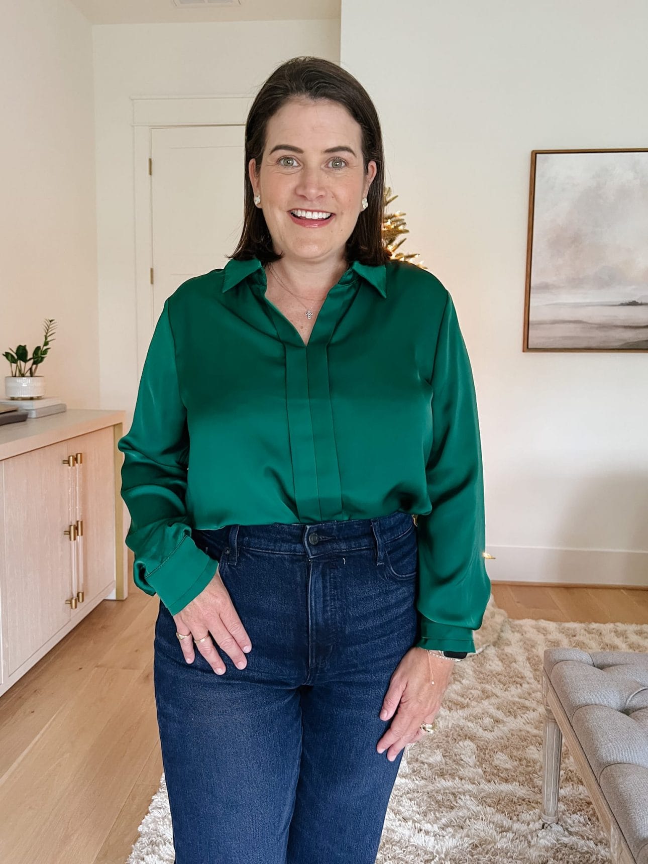 Green Blouse, Jeans, Flats