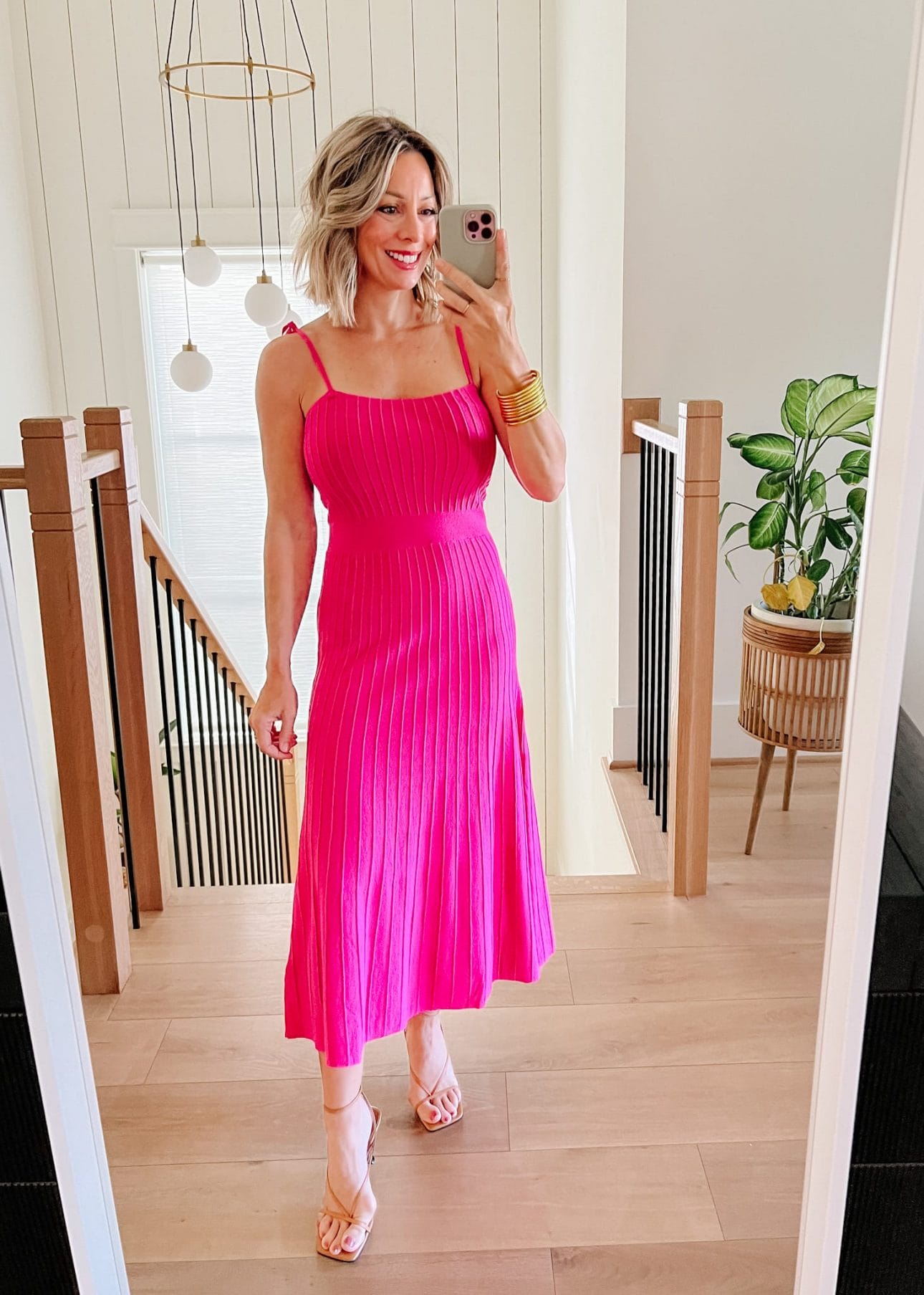 Pink Ribbed Maxi Dress, Sandals 