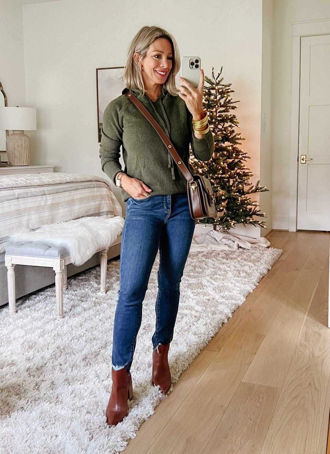 Olive Green Pullover, Jeans, Booties 
