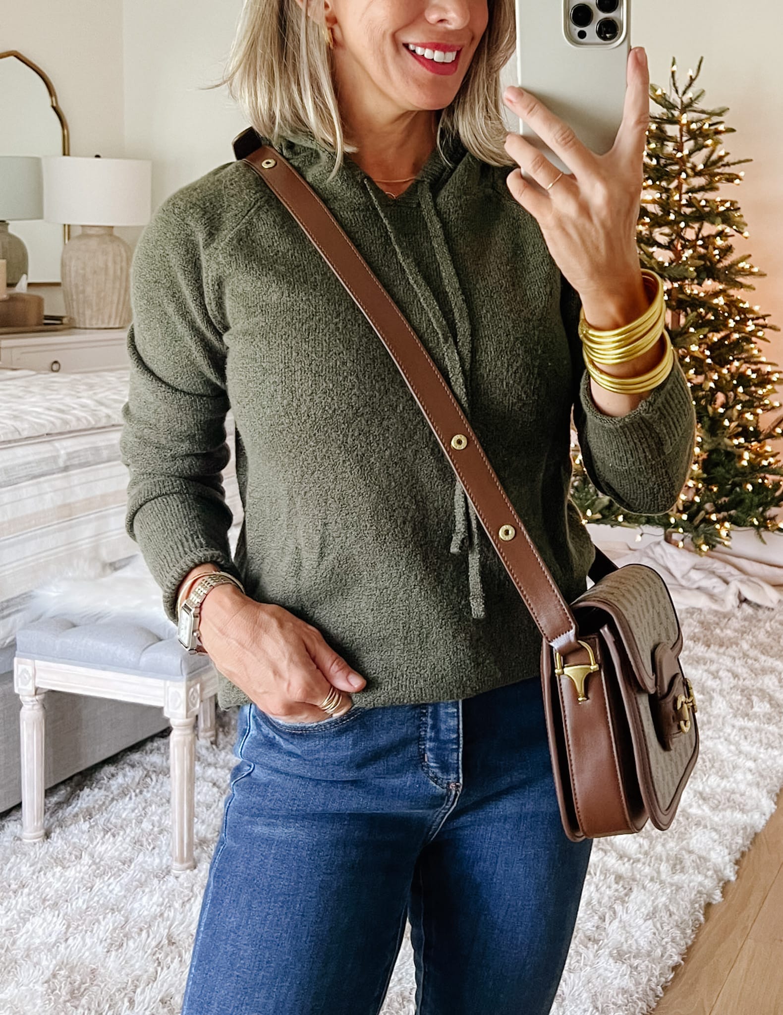 Olive Green Pullover, Jeans, Booties 