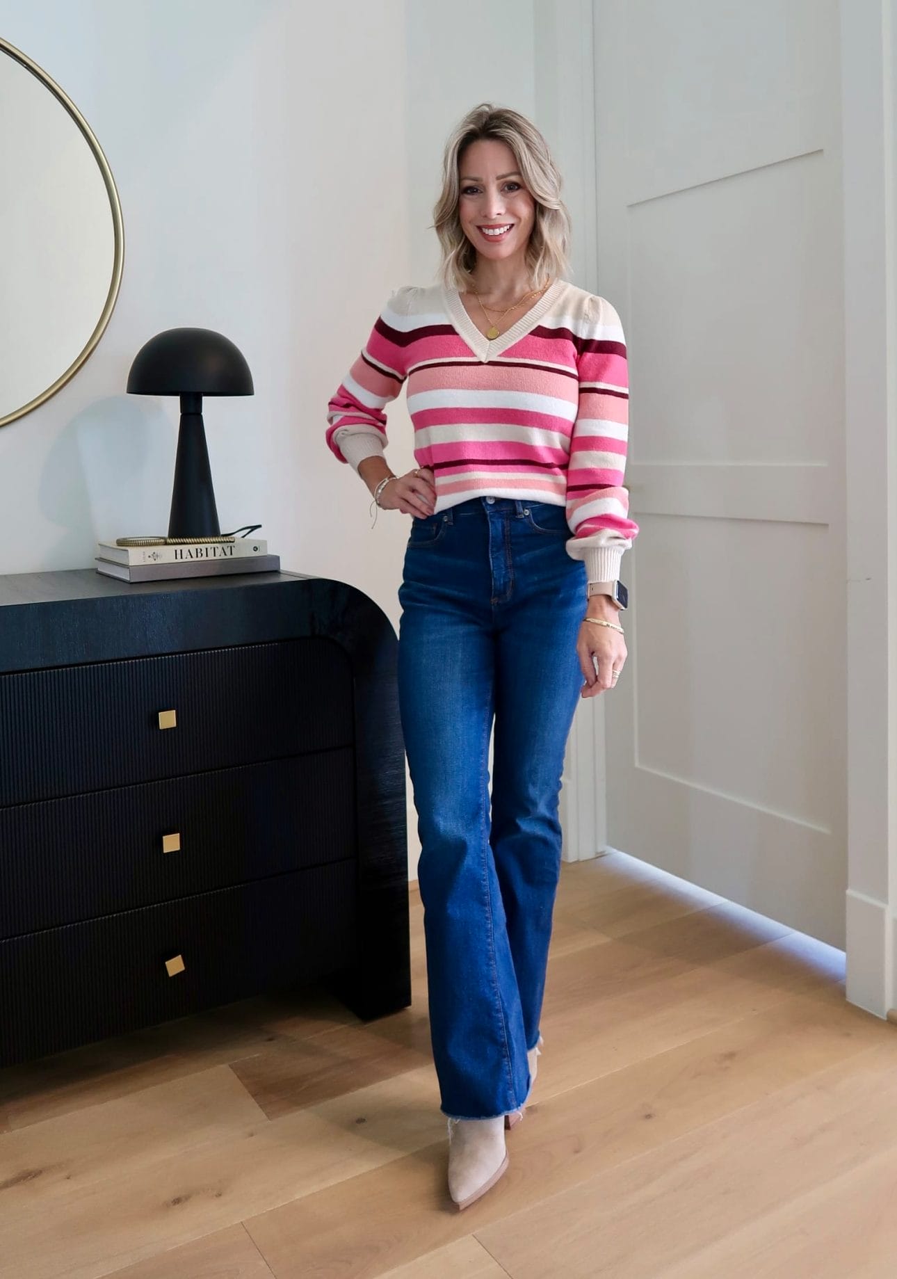 Striped Sweater, Jeans, Booties 