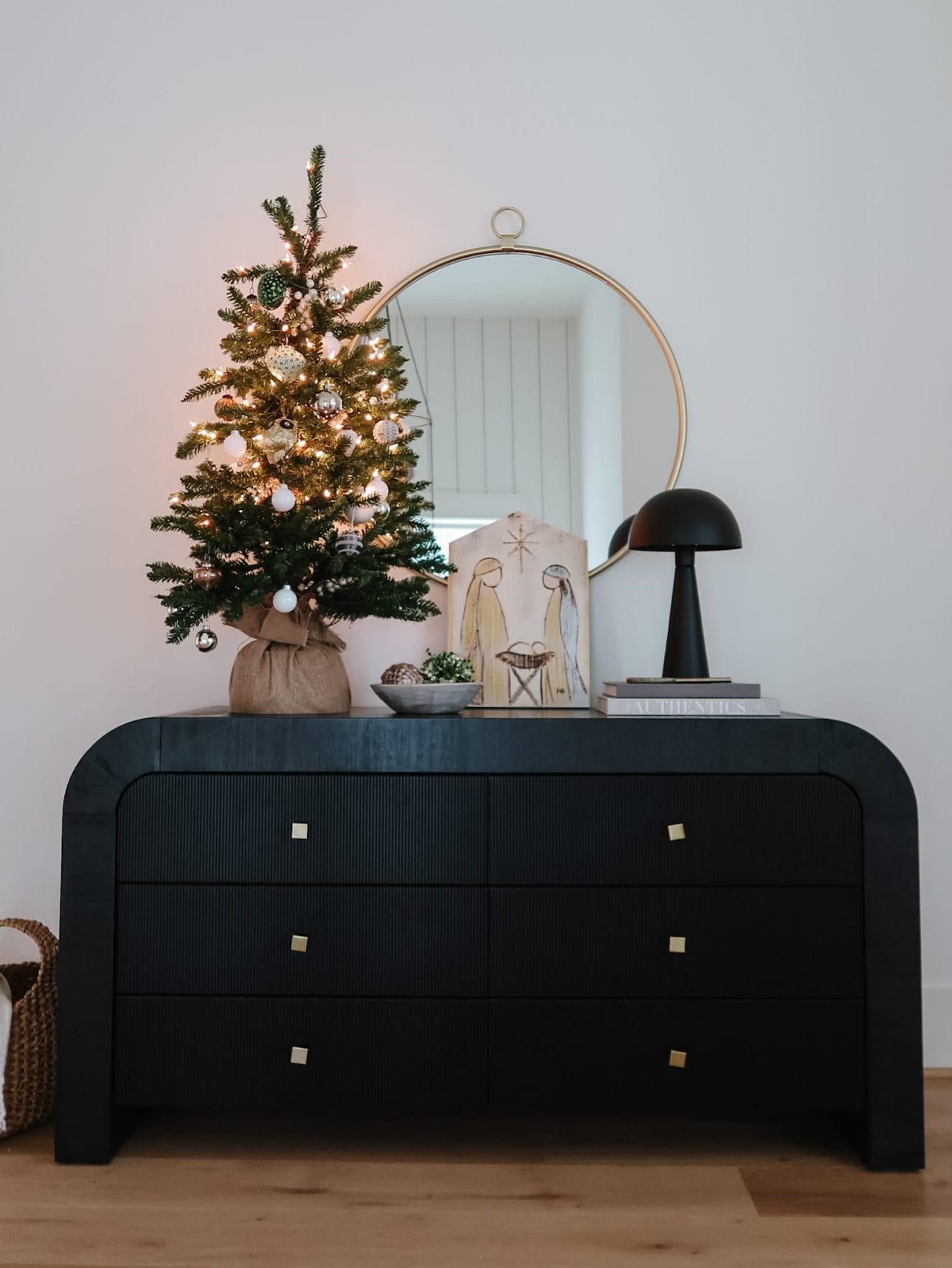 Christmas Tree, Lamp, Nativity Art, Travertine Bowl, Console Table 
