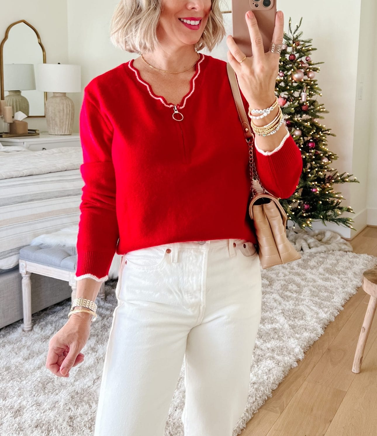 Red Sweater, White Denim, Heels