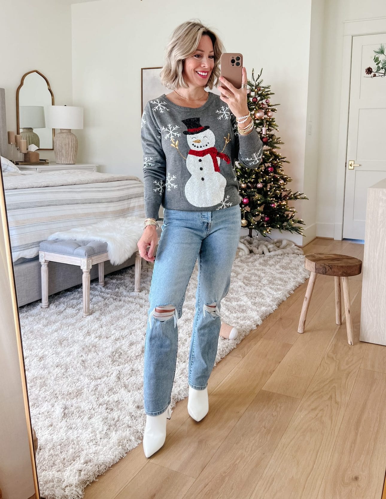 Snowman Sweater, Jeans, white Booties