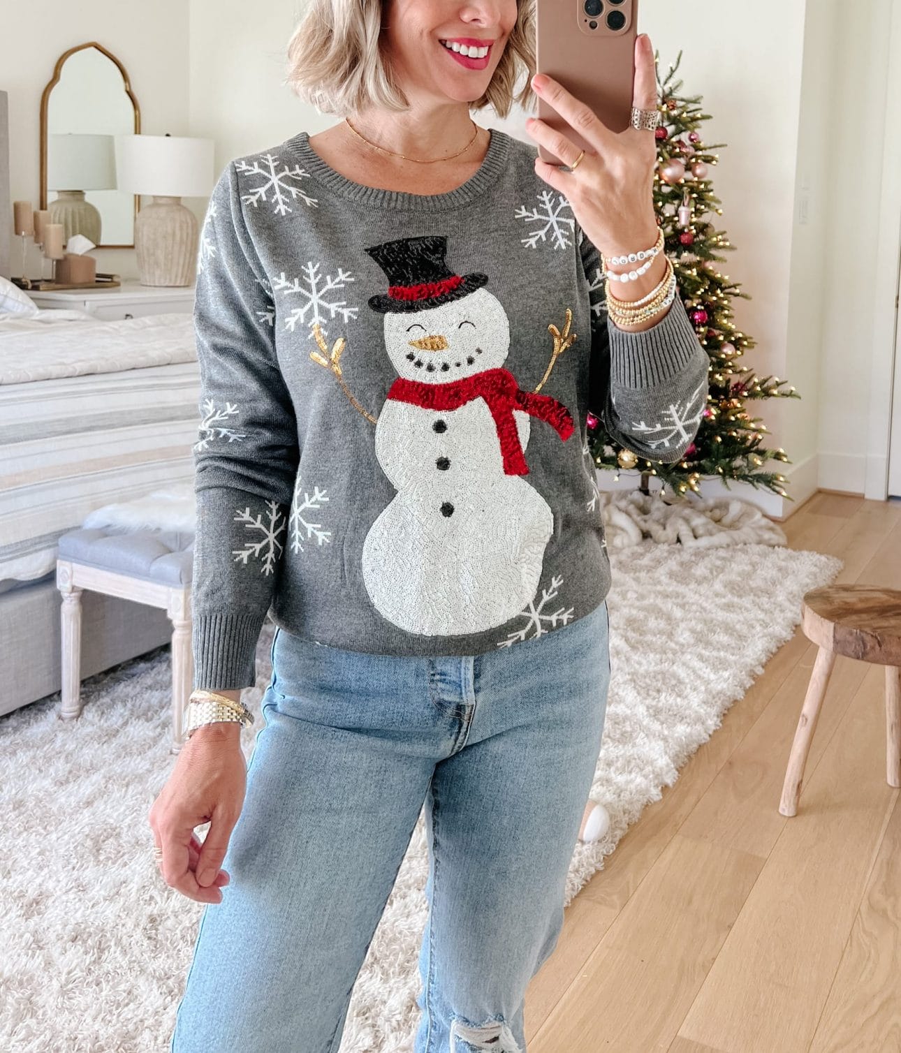 Snowman Sweater, Jeans, white Booties