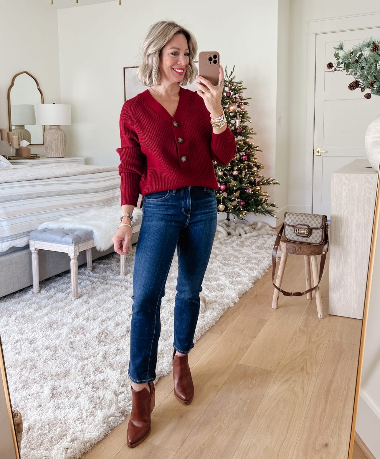 Red Henley with Large Buttons, Jeans, Booties 