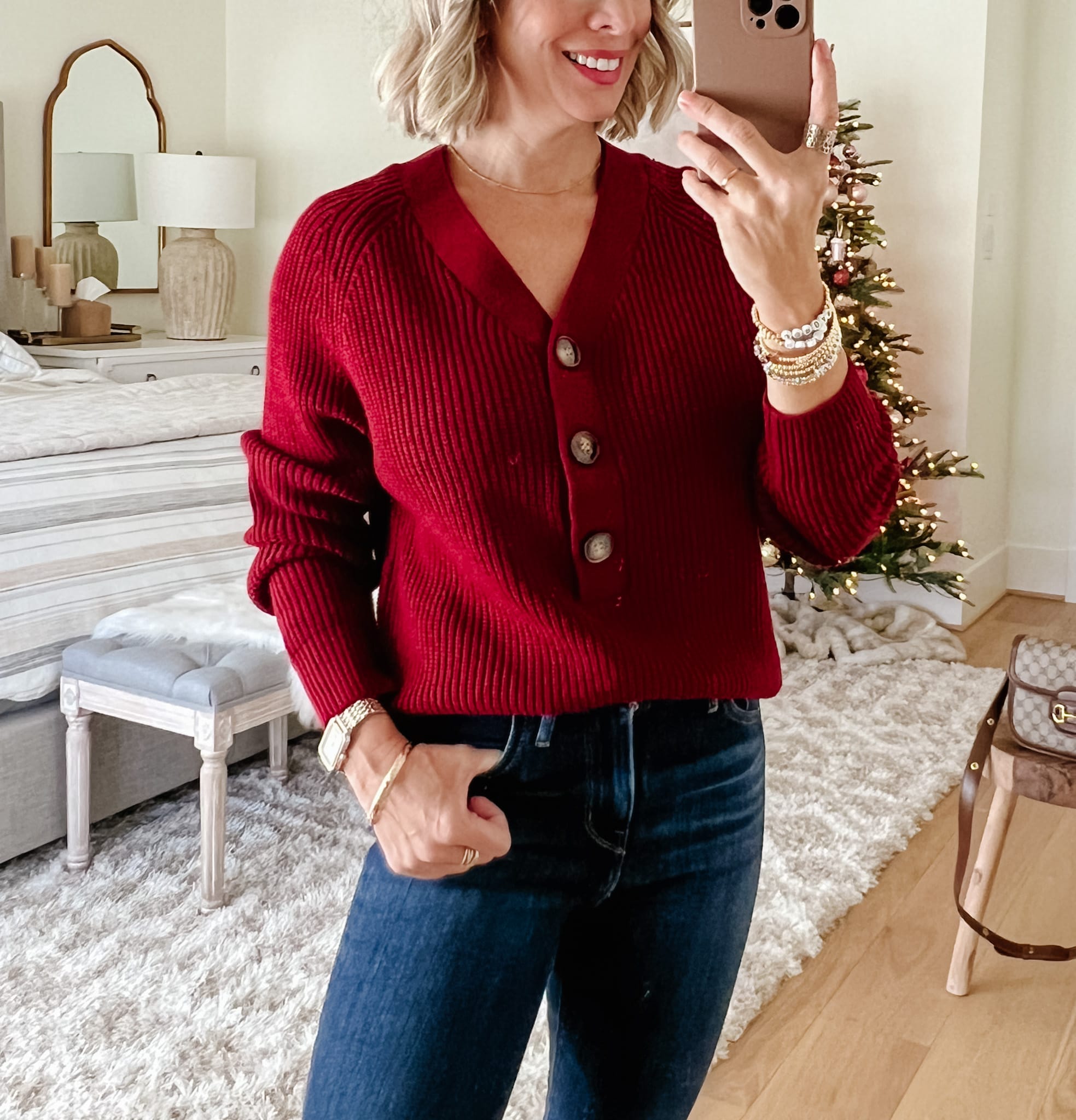Red Henley with Large Buttons, Jeans, Booties 