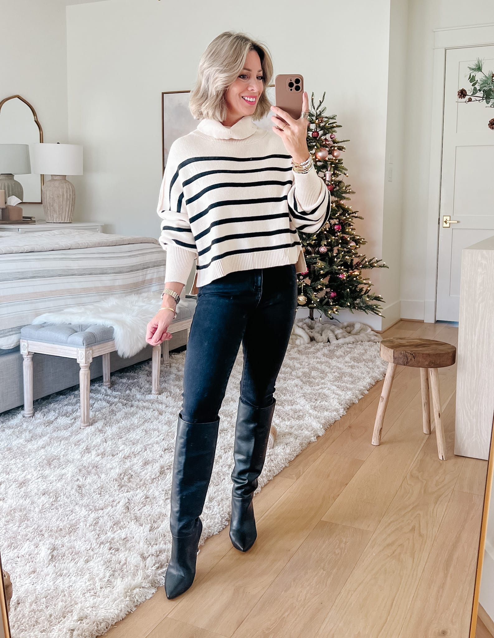 Striped Sweater, Black Jeans, Boots, 