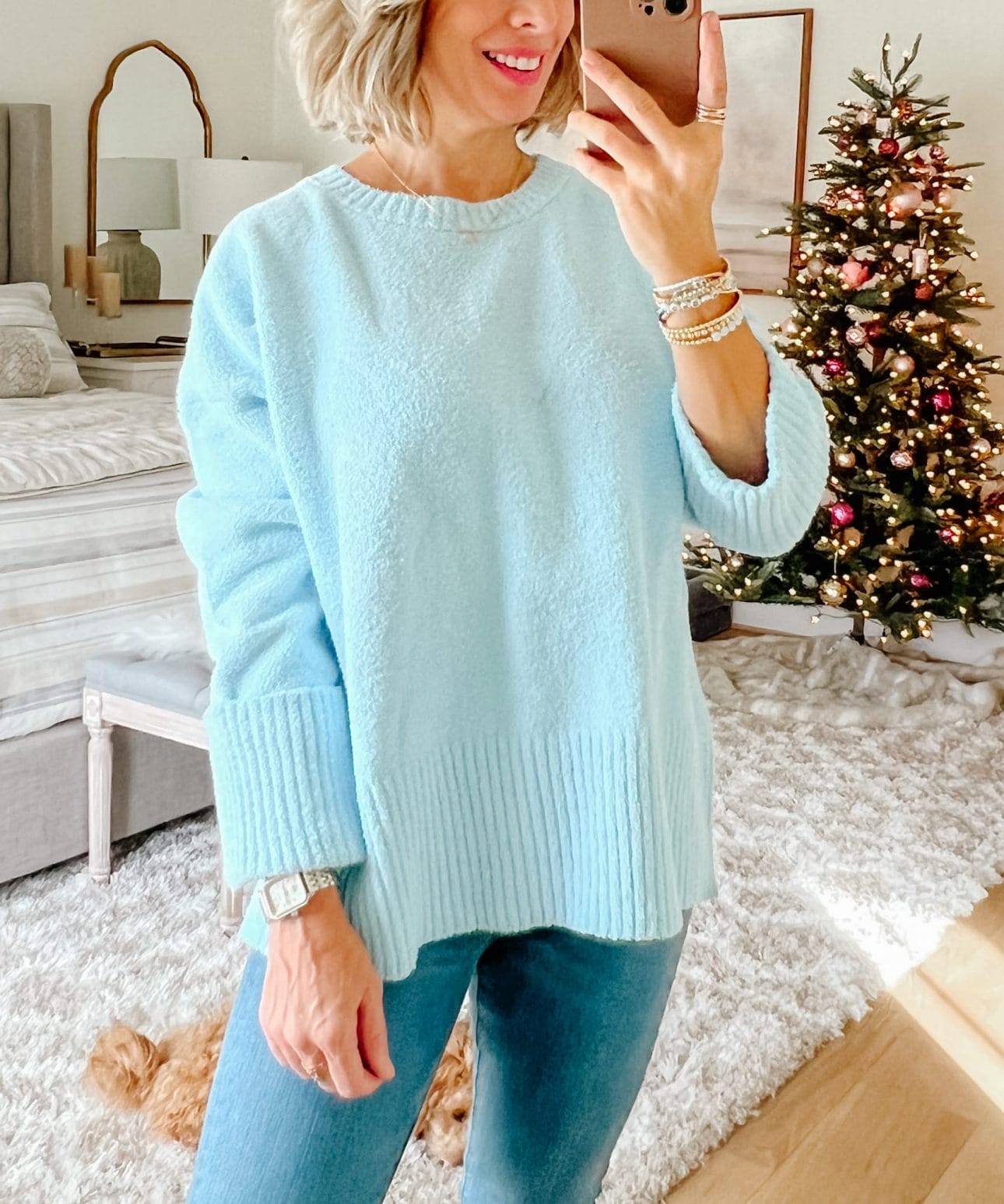 Blue Sweater, Jeans, Booties 