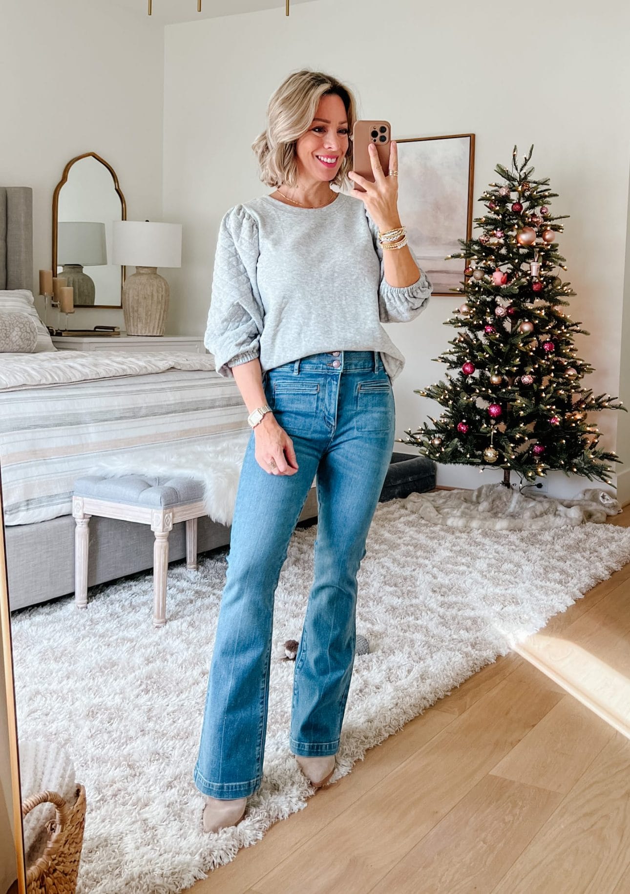 Quilted Sleeve Sweater, Jeans, Booties 