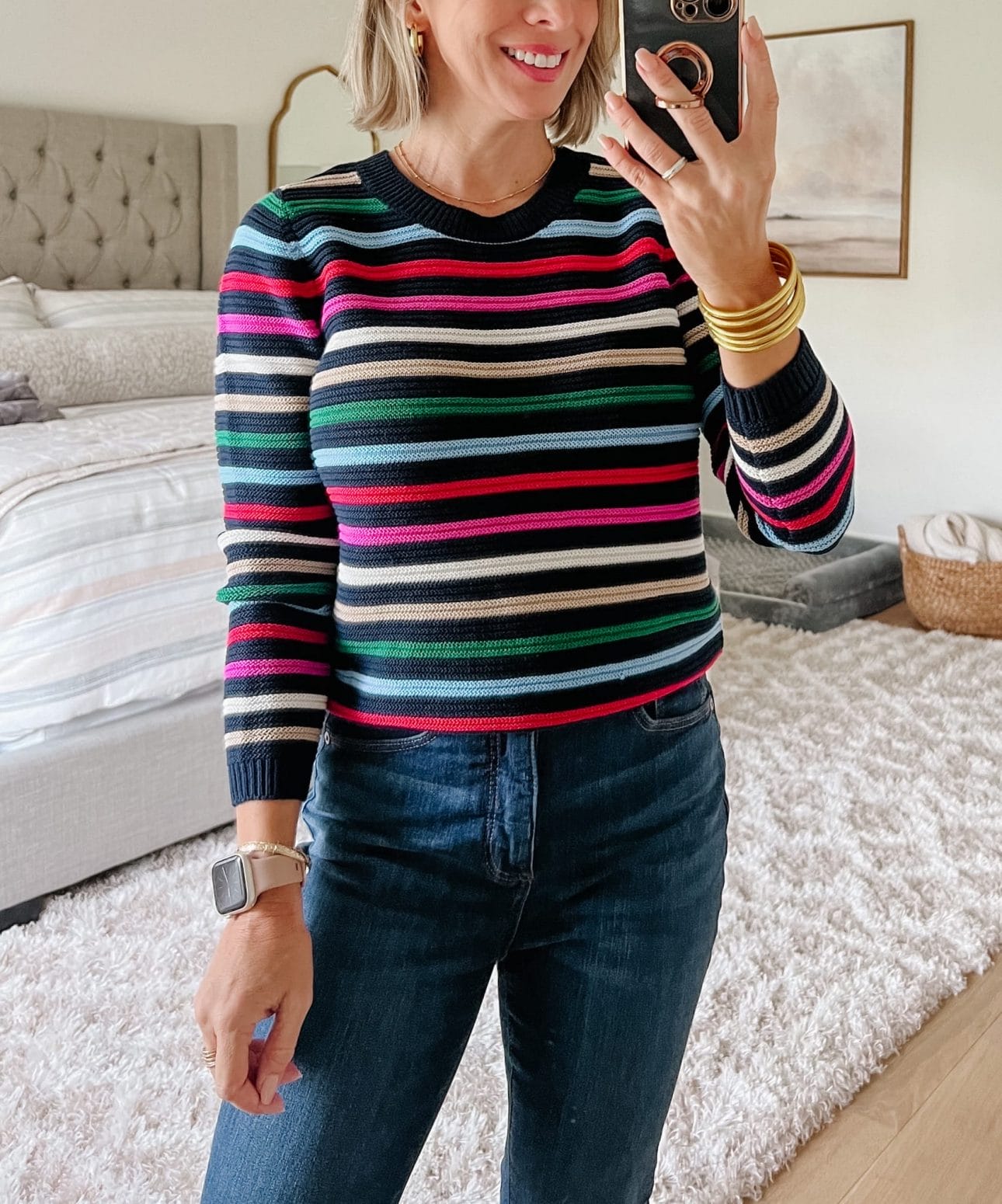 Striped Sweater, Jeans 