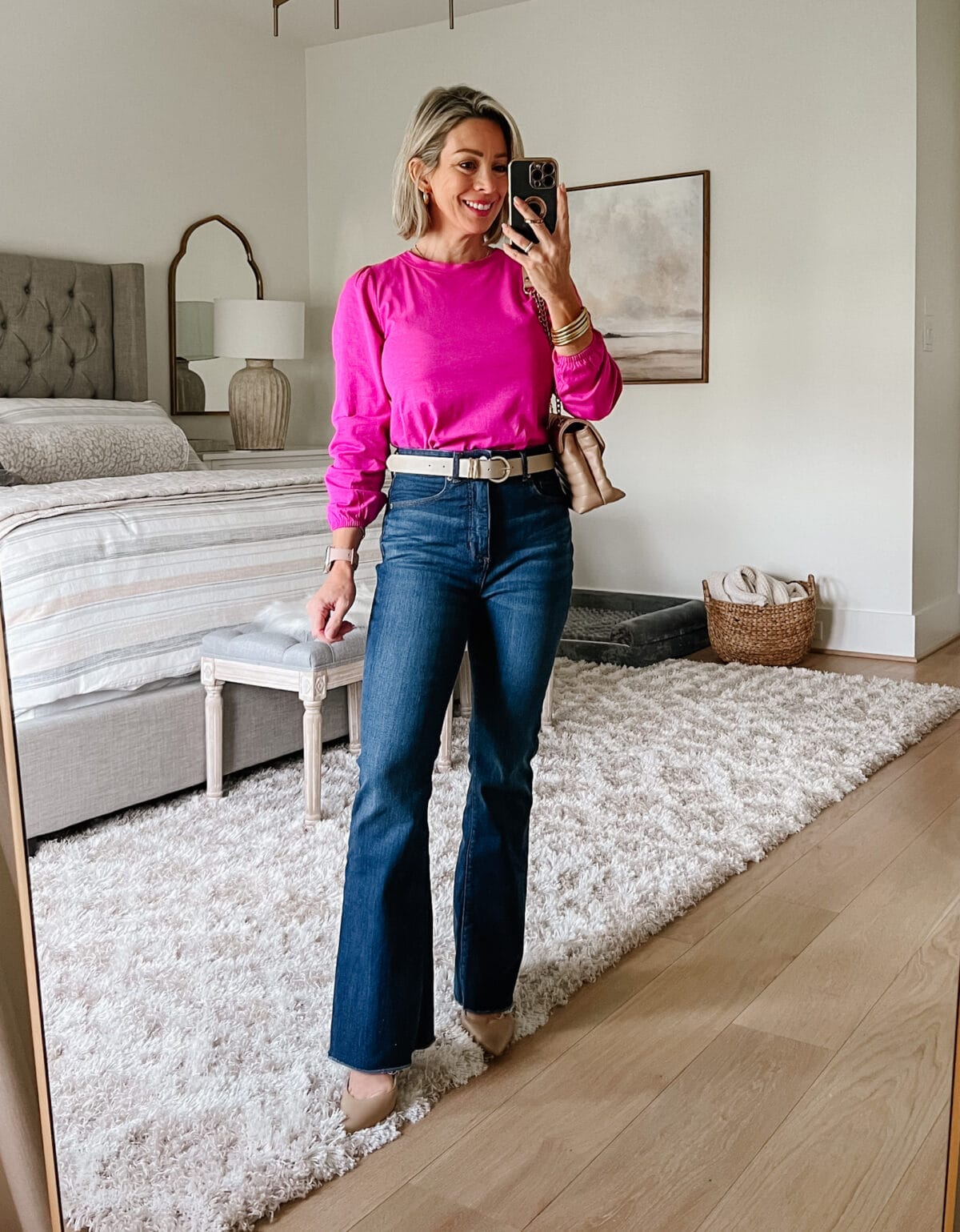 pink long sleeve, Flare jeans, heels 