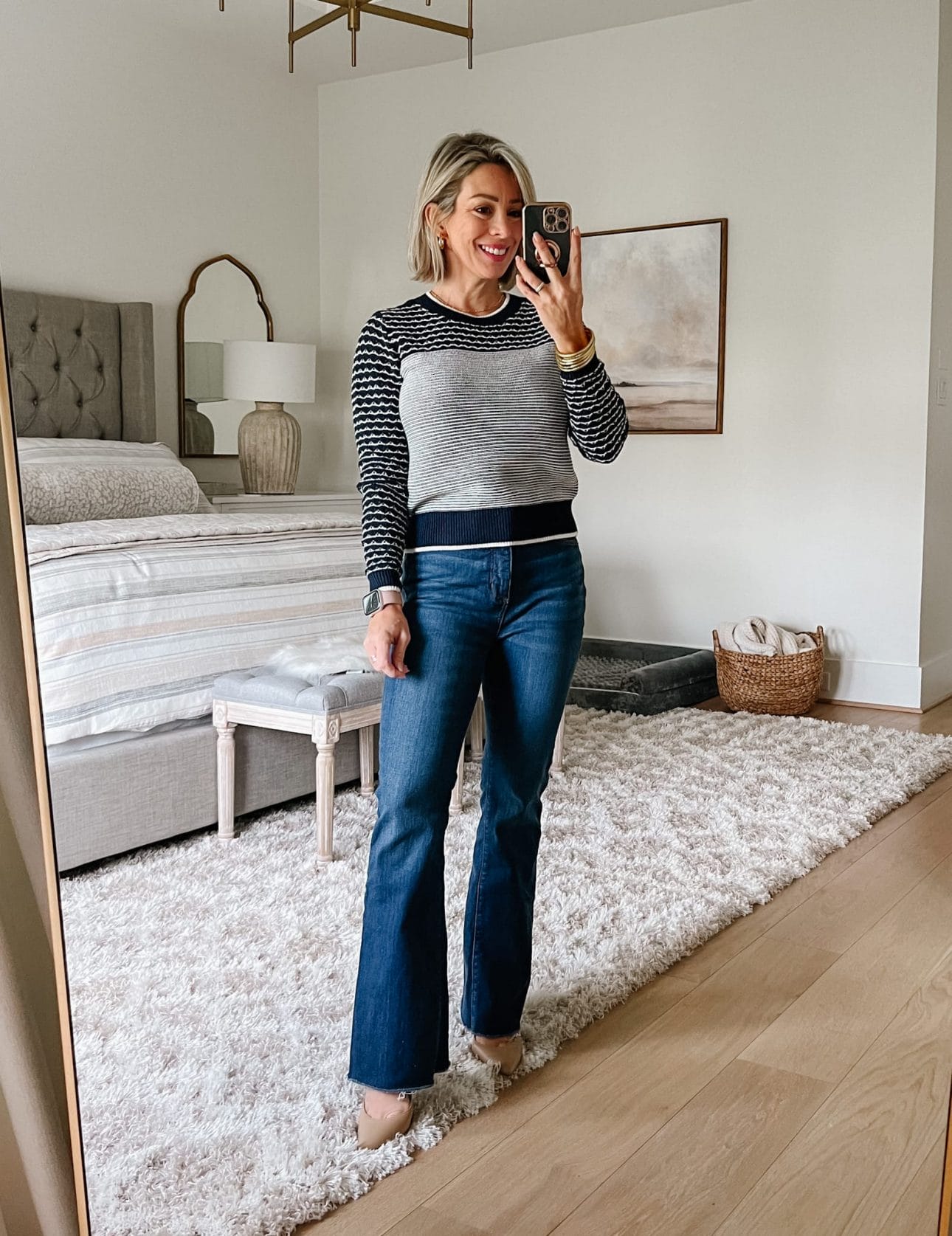Striped Sweater, Jeans, Heels 