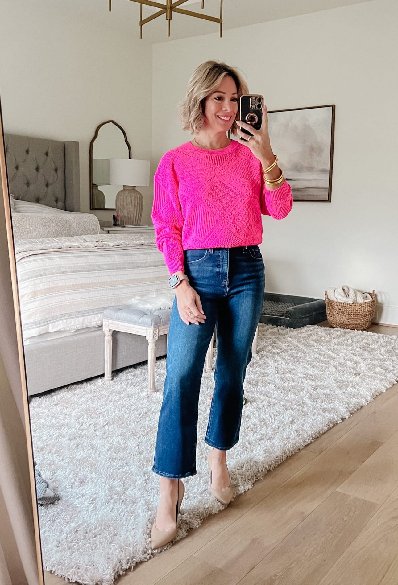 Pink Sweater, Cropped Flare Jeans, Heels 