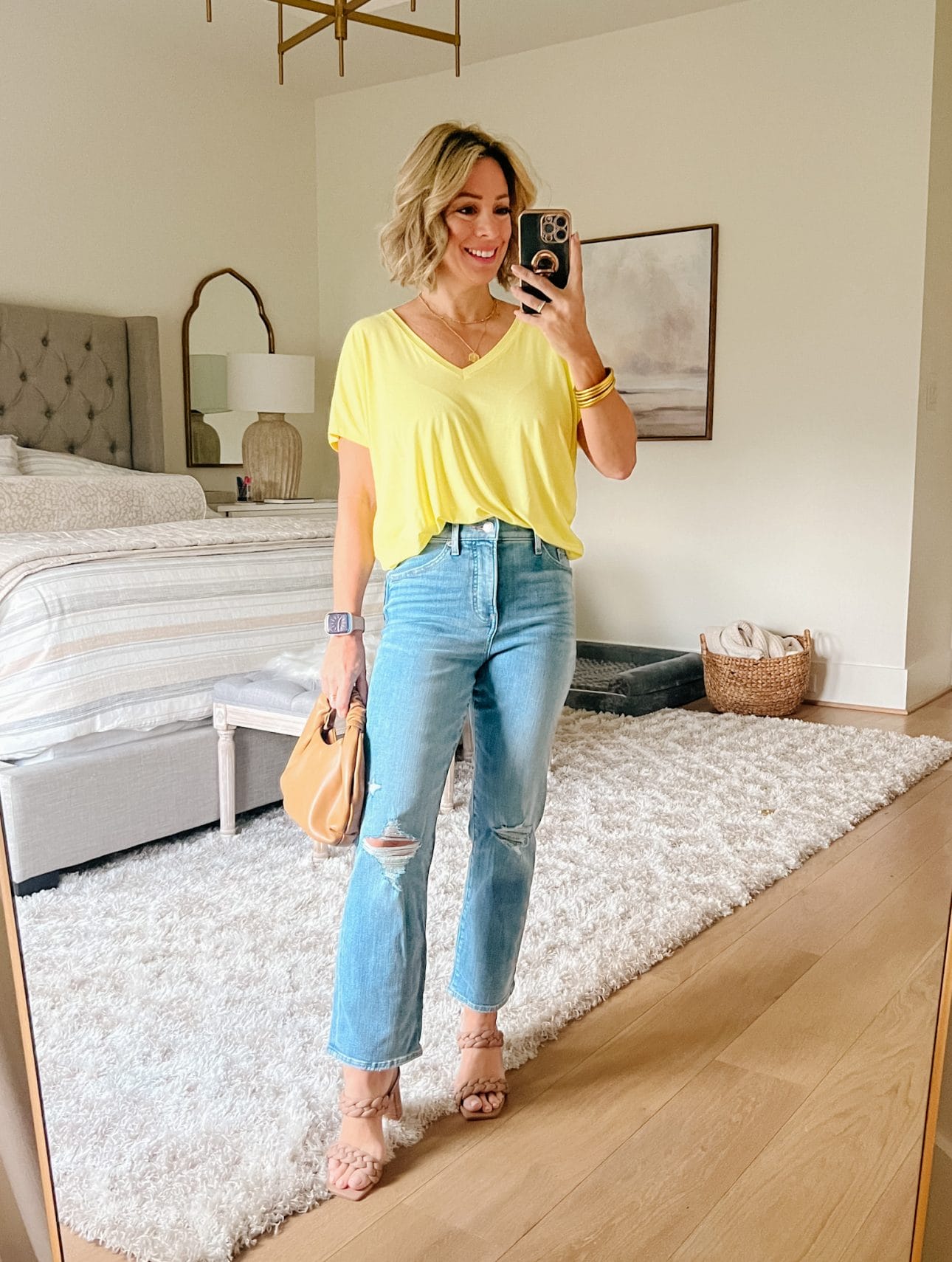 Yellow Tee, Jeans, Sandals 