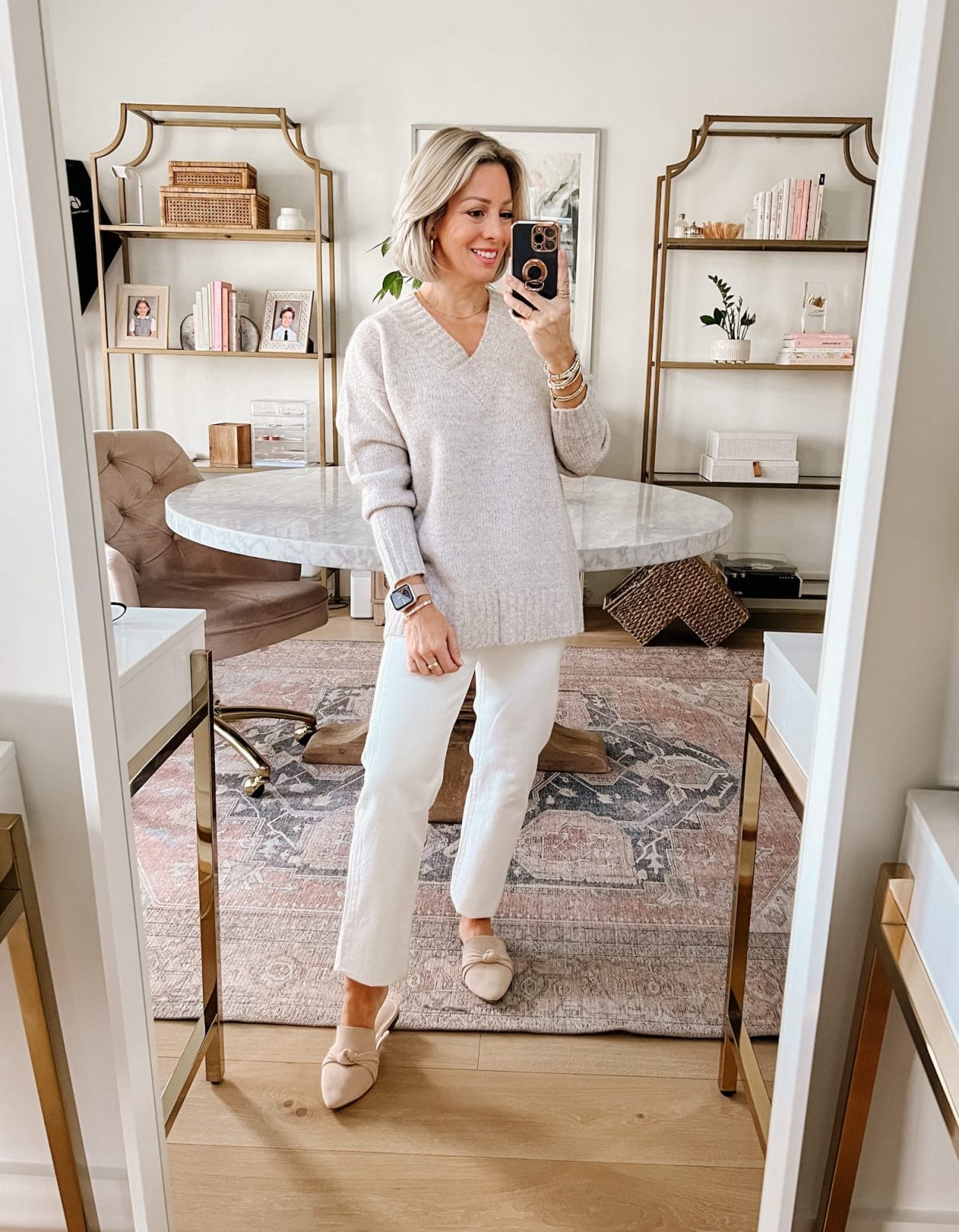 V Neck Sweater, Jeans, Mules